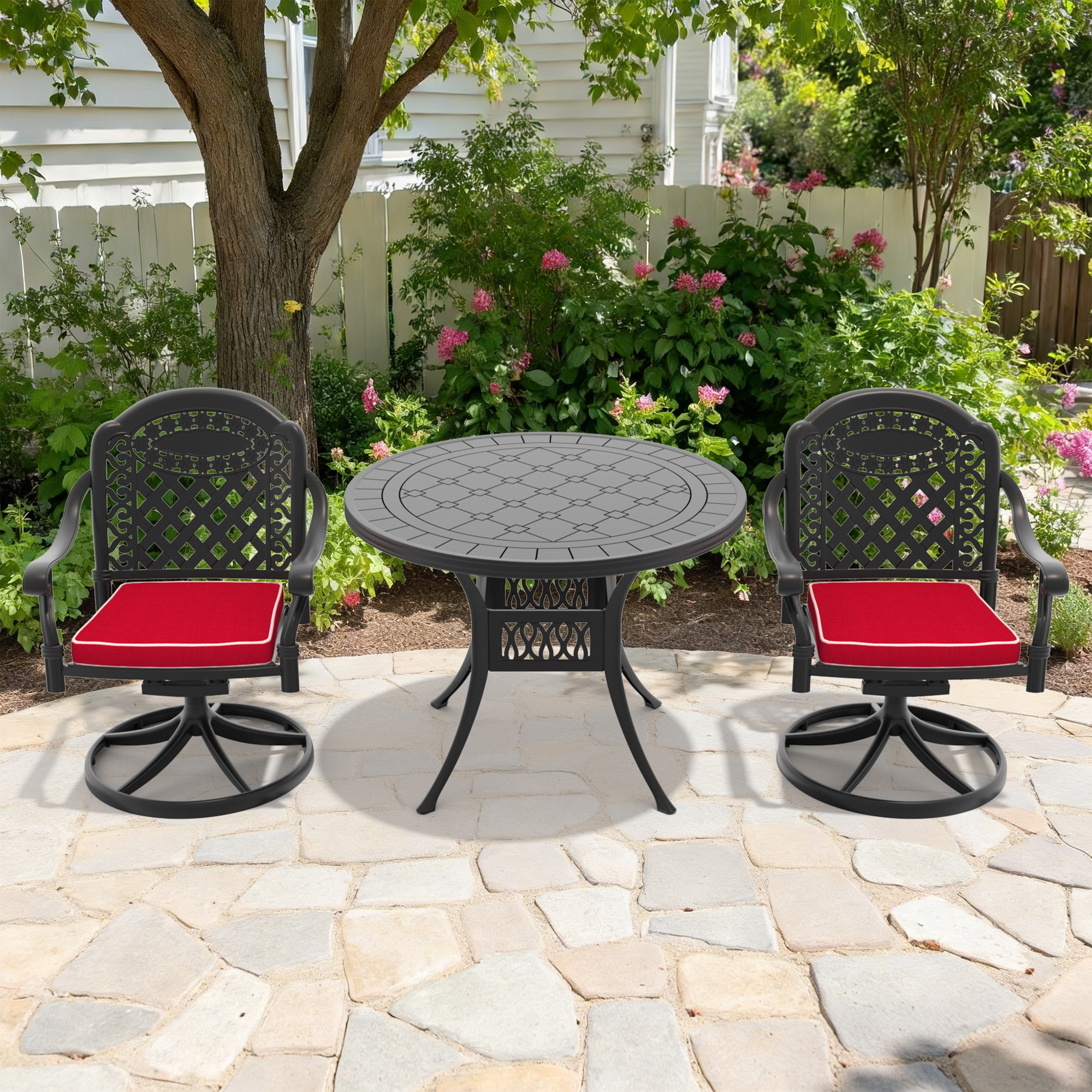 3-Piece All-Weather Cast Aluminum Dining Set, Include 2 Swivel Chairs and 39.37″ Round Table With Black Frame