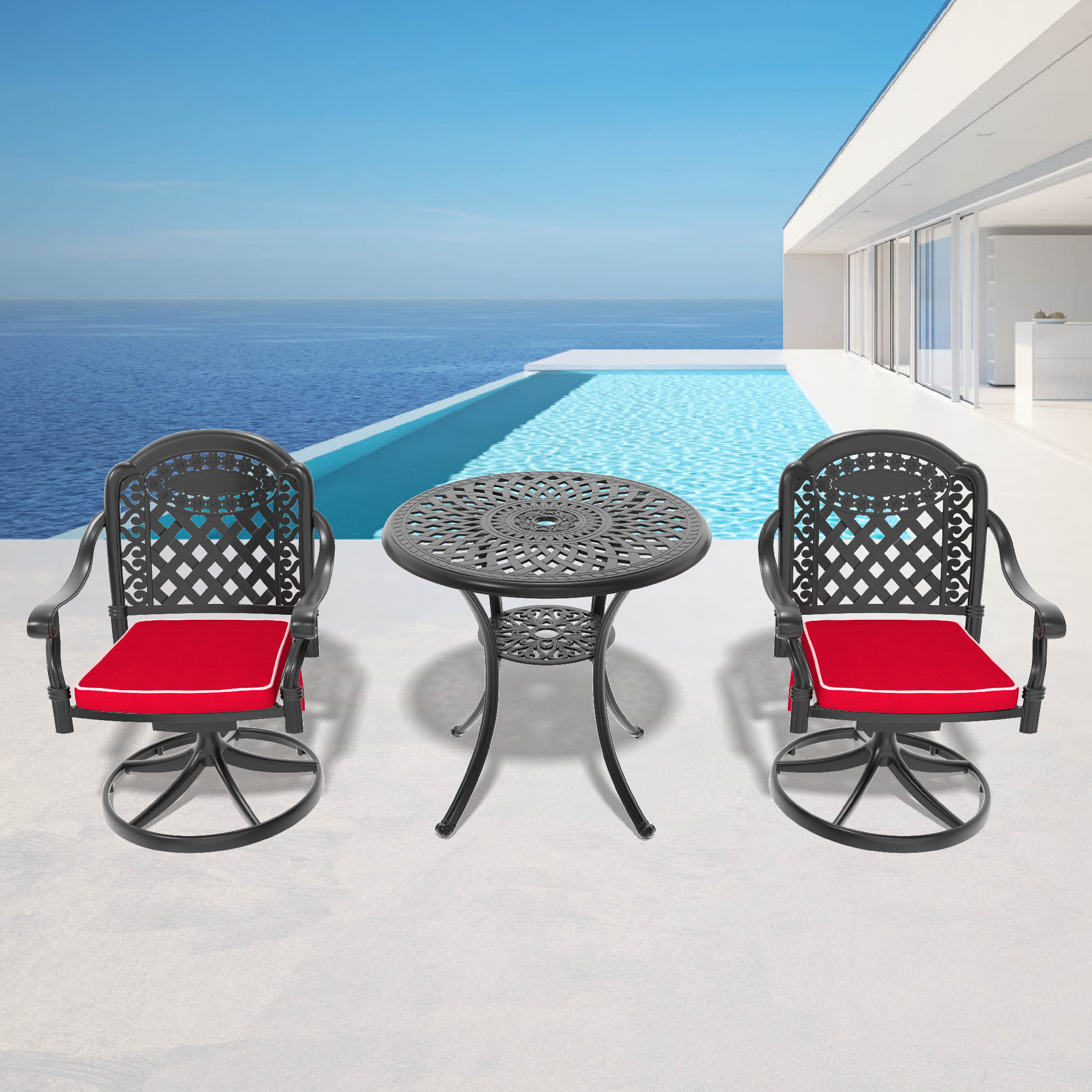 3-Piece All-Weather Cast Aluminum Dining Set, Include 2 Swivel Chairs and 30.71″ Round Table With Black Frame