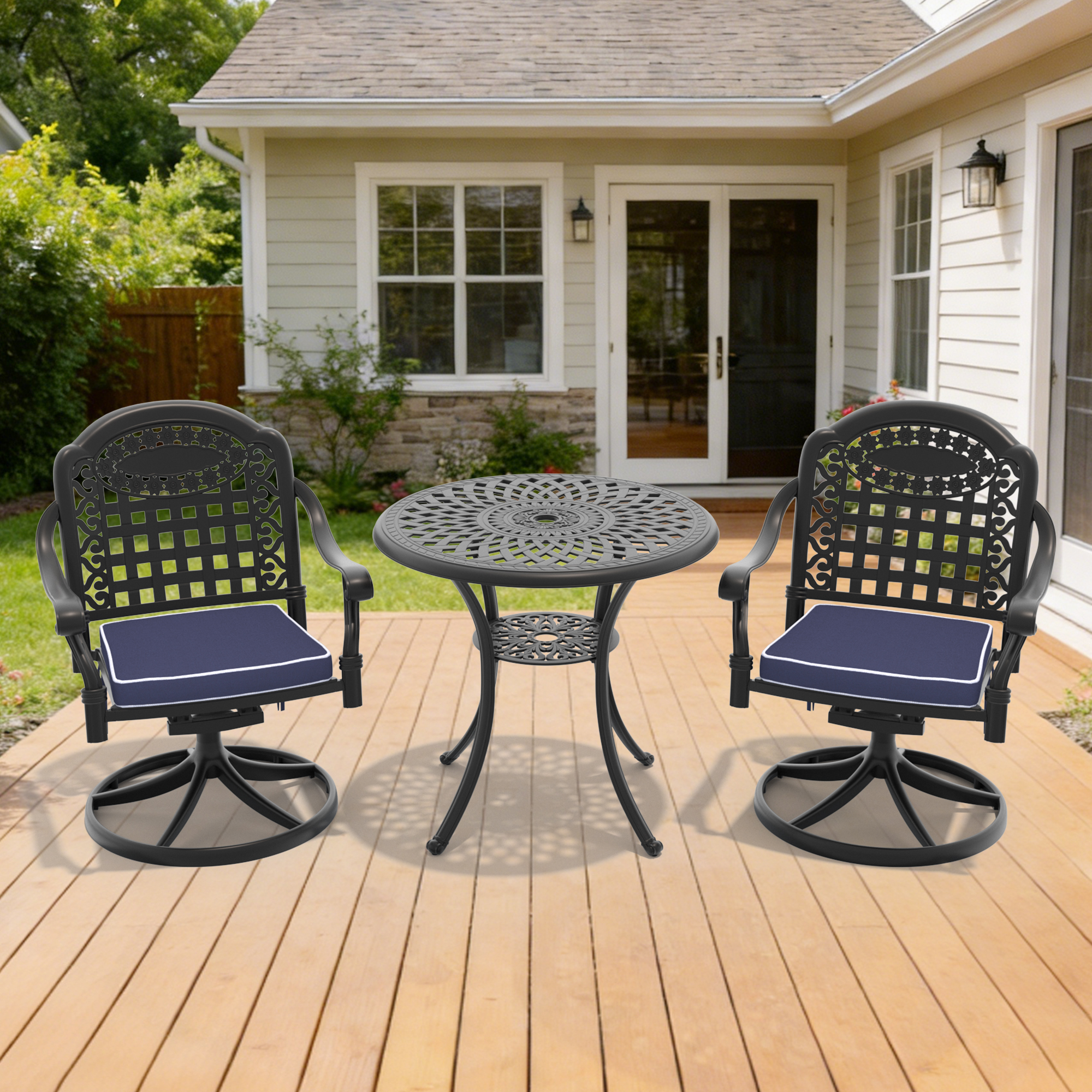 3-Piece All-Weather Cast Aluminum Dining Set, Include 2 Swivel Chairs and 30.71″ Round Table With Black Frame