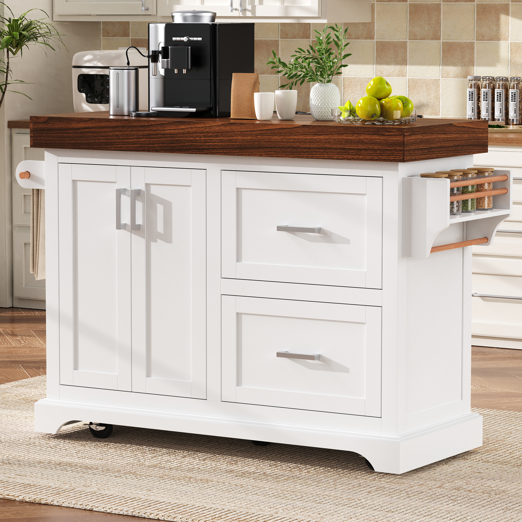 K&K 53″ Large Kitchen Island with 3.5″ Thick Desktop, Spice and Towel Racks, Rolling Kitchen Island with Storage on 5 Wheels, 2 Extra-large Drawers, for Home, Kitchen, Dining Room, White
