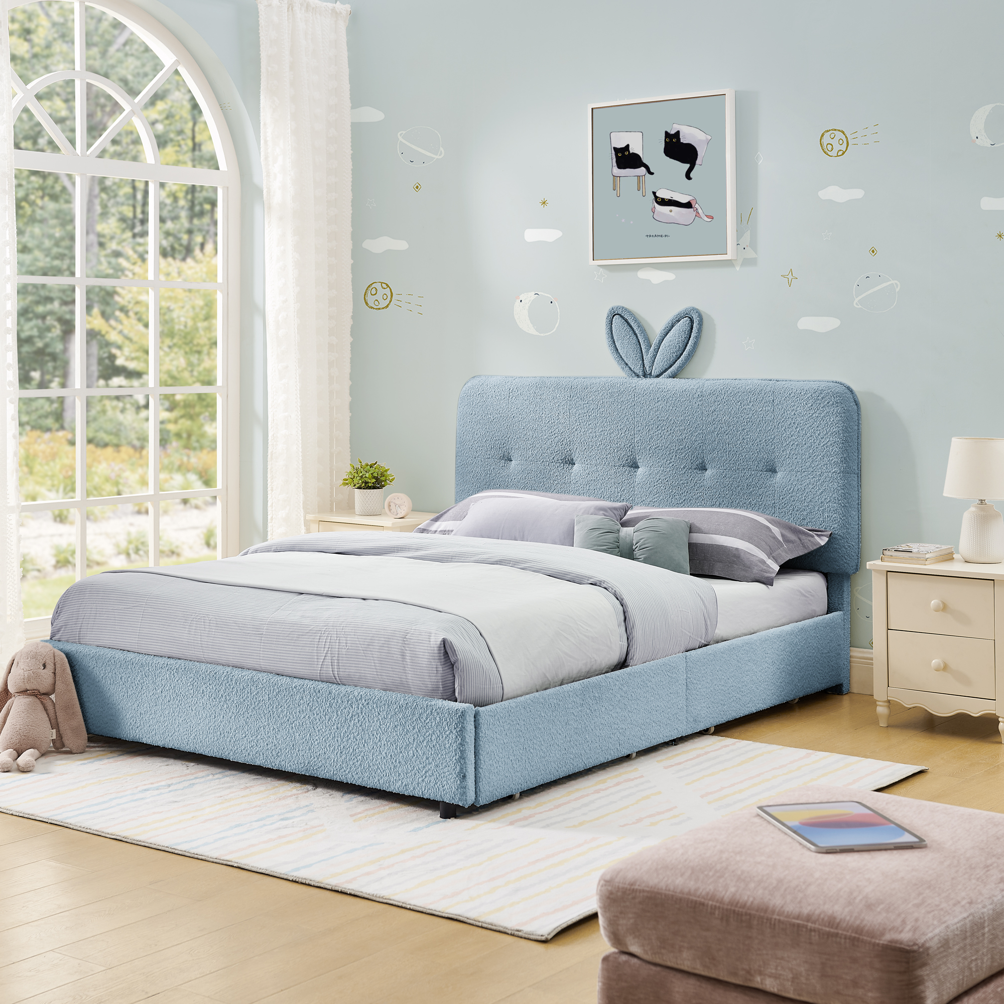 Full Size Kids Upholstered Bed with Oversized Rabbit Ear Headboard, LED Light & 4 Storage Drawers, Boucle Fabric (79.5”X55.75”X41”)