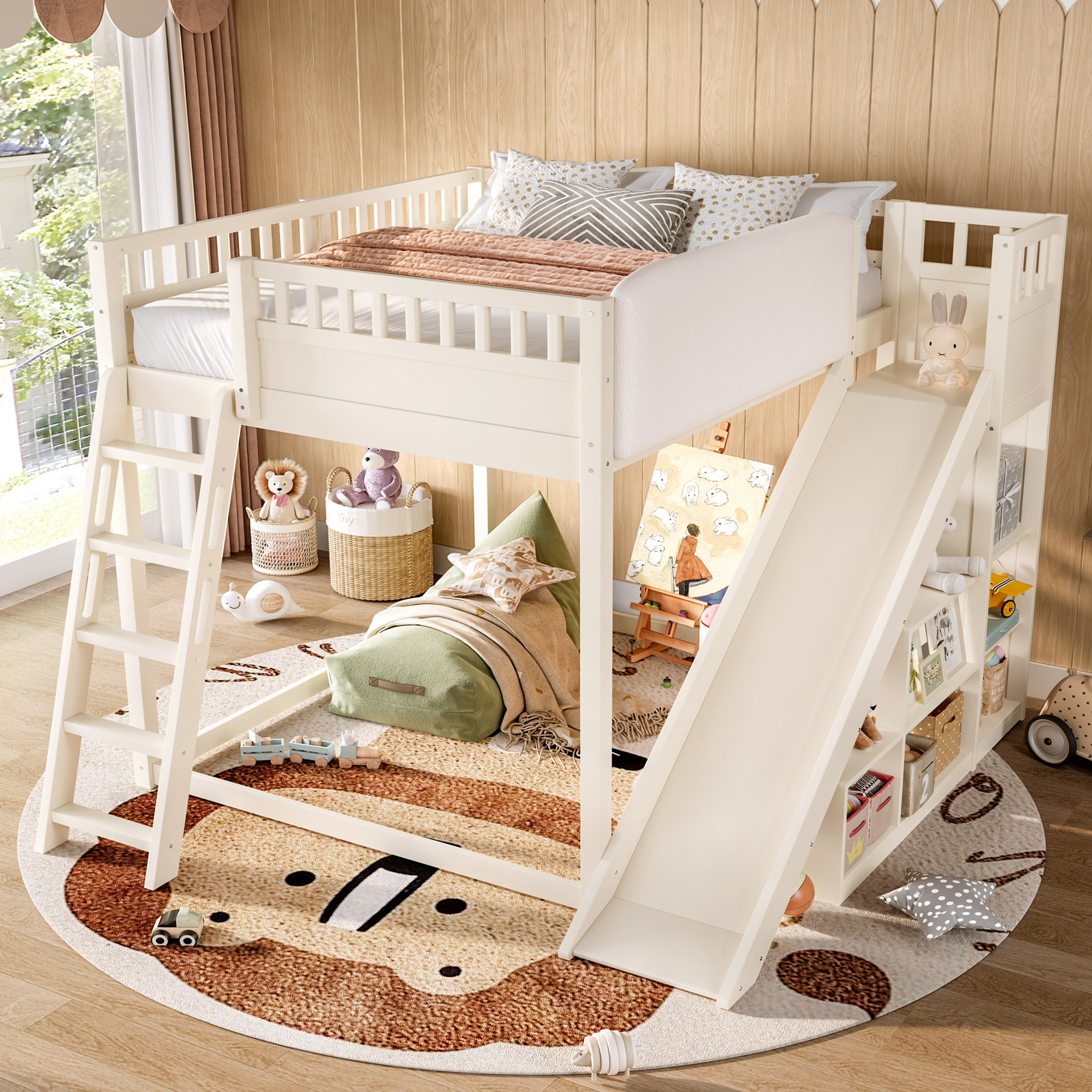 Full Size Loft Bed with upholstered headboard and storage shelves, complete with ladder and slide, Beige