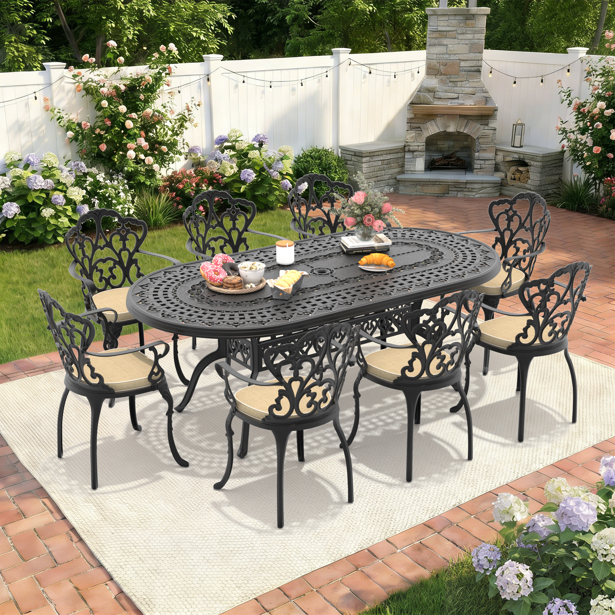 9-Piece Set Of Cast Aluminum Patio Furniture With Black Frame and Off-white Seat Cushions(same sku:W1710S00108 ,W1710S00602)