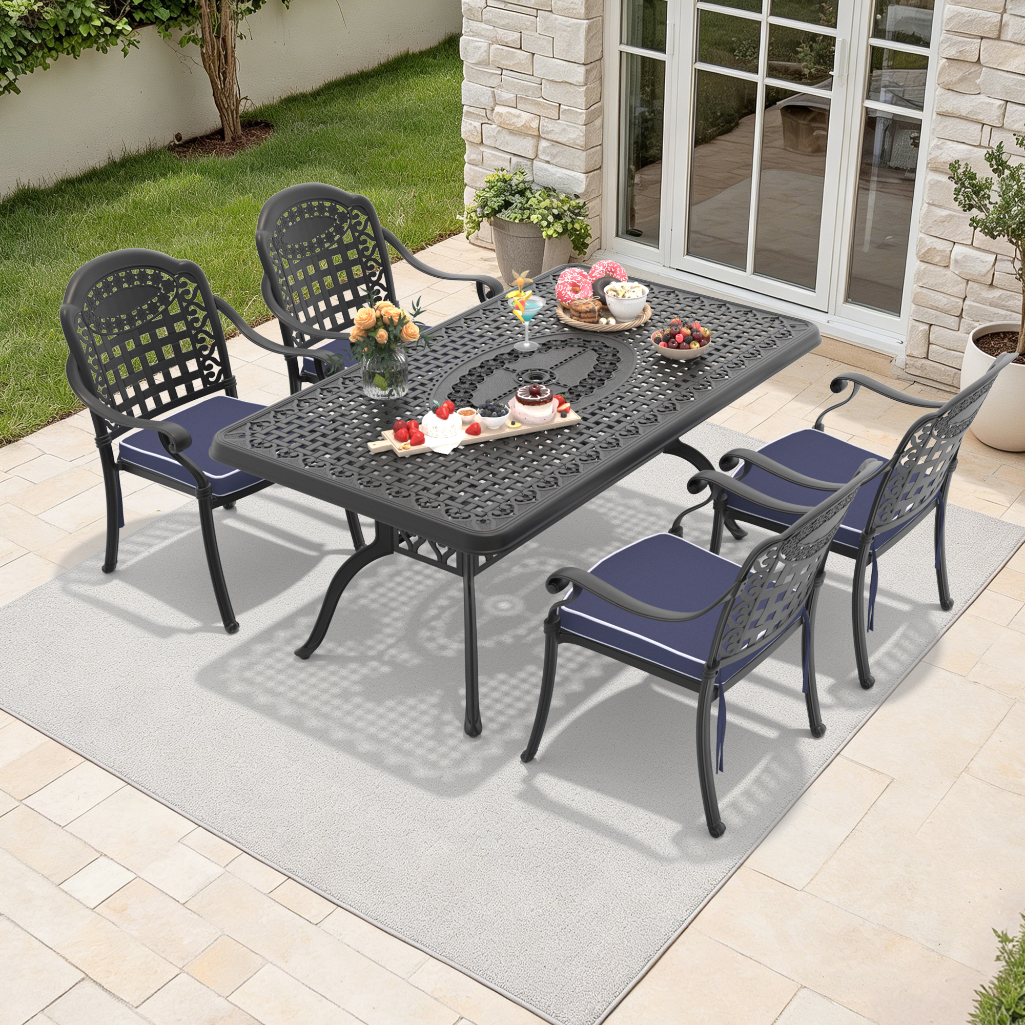 5-Piece Set Of Cast Aluminum Patio Furniture With Black Frame and Blue Cushions(same sku:W1710S00099)