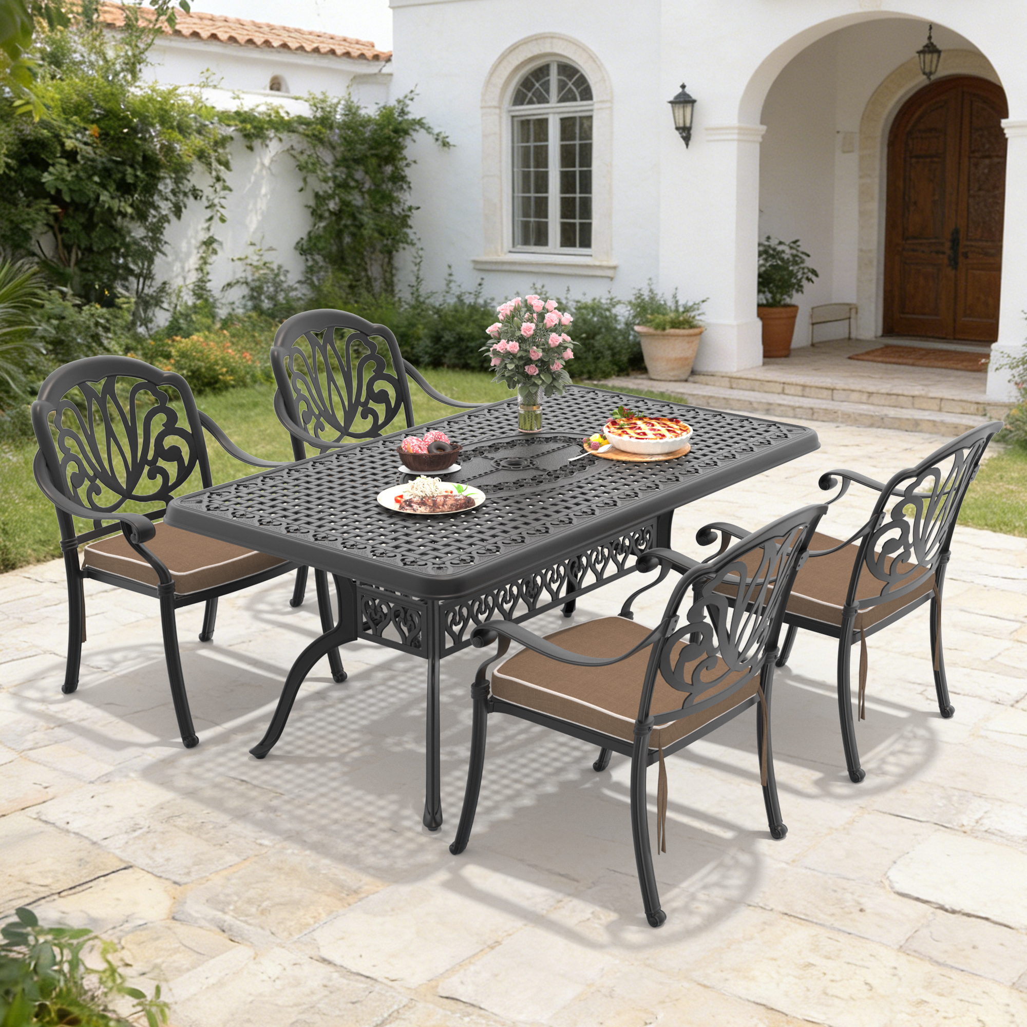 5-Piece Set Of Cast Aluminum Patio Furniture With Black Frame and Brown Seat Cushions(same sku:W1710S00097)