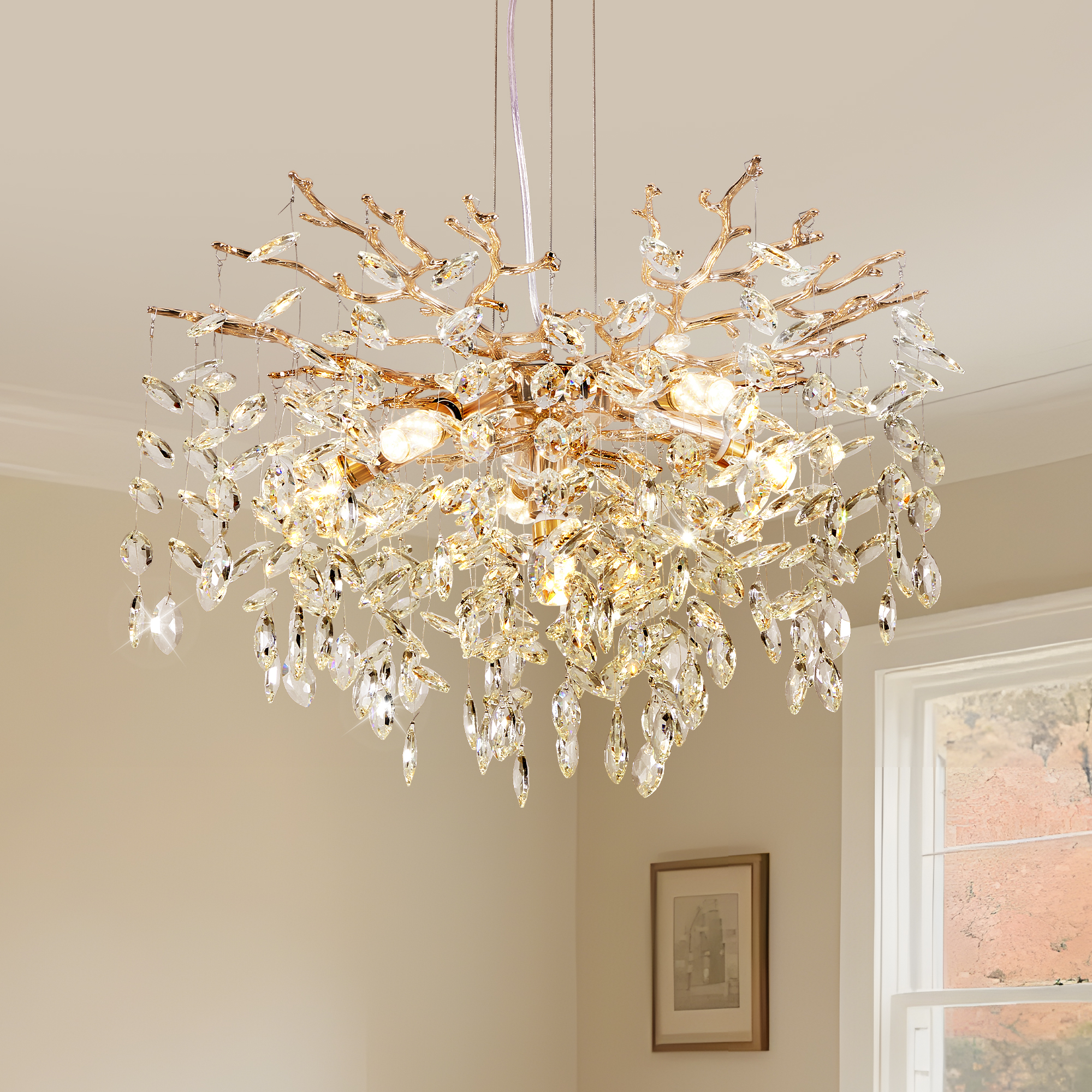 Modern Tree Branch Crystal Chandelier Luxury Gold Crystal Pendant Lighting 23.6″ Contemporary 6-Light Chandeliers for Dining Room Kitchen Bedroom Living Room