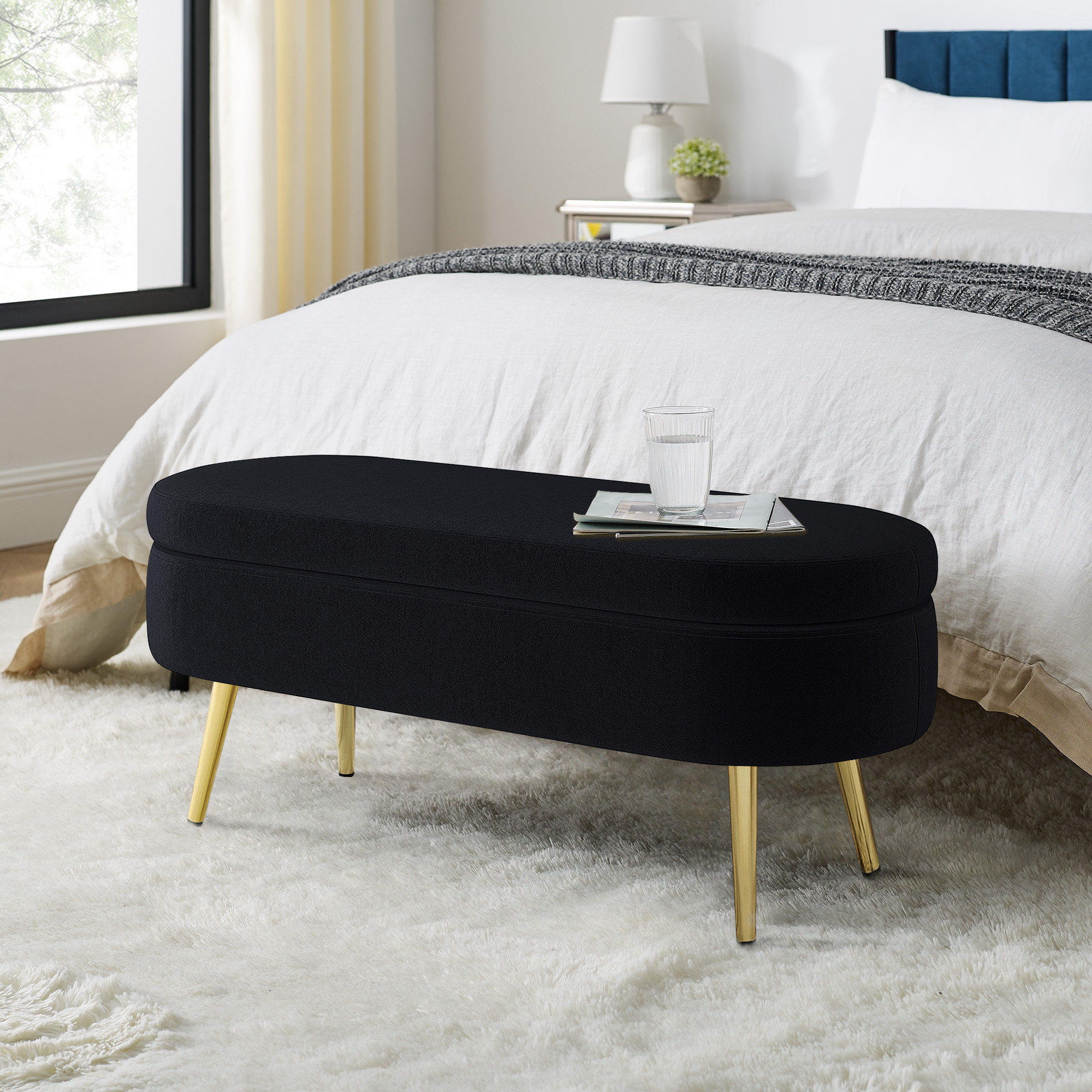 Ottoman Oval Storage Bench, Flannel with Metal Legs-Black(43.5″x16″x16″)