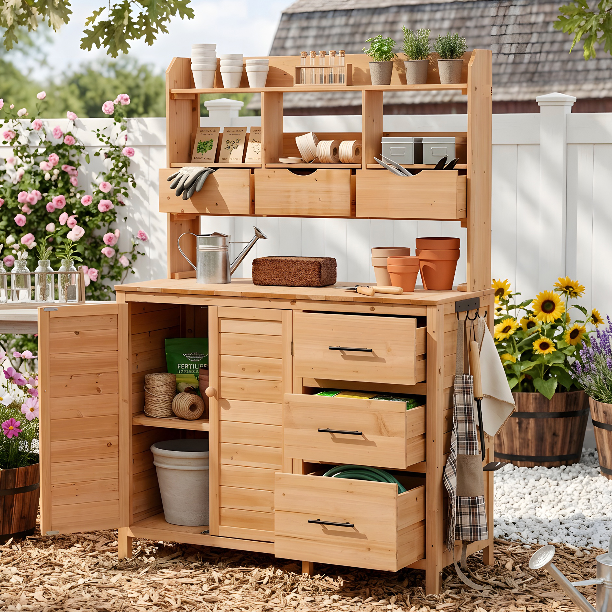 (With Assembly Video) TOPMAX Farmhouse Patio Potting Bench, 44.6”x19.5” Large Freestanding Garden Workstation with 6 Drawers, Bottom Cabinet and Side Hook, Outdoor Kitchen Island, Natural Wood