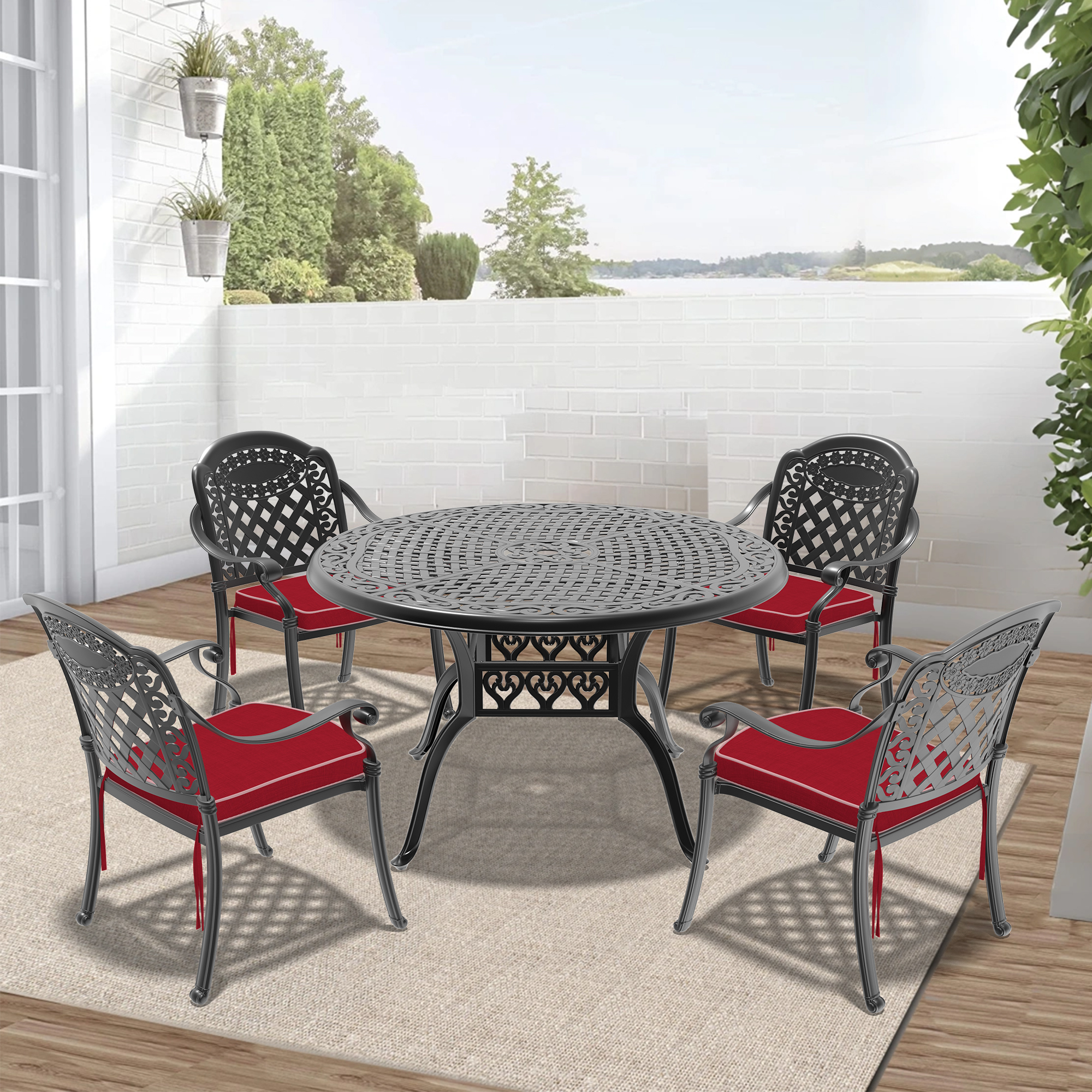 5-Piece Set Of Cast Aluminum Patio Furniture With Red Cushions(same as W1710S00552)