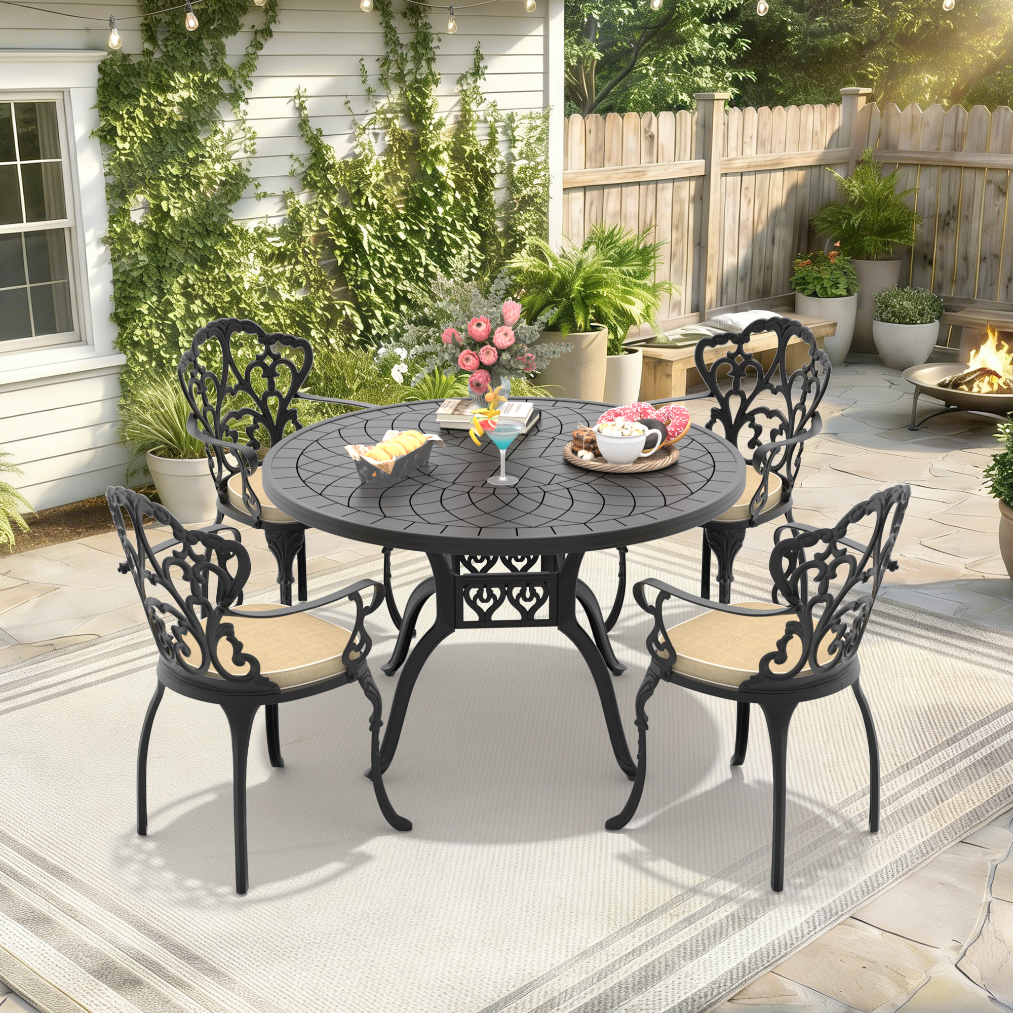 5-Piece Set Of Cast Aluminum Patio Furniture With Off-white Cushions (same as W1710S00558)