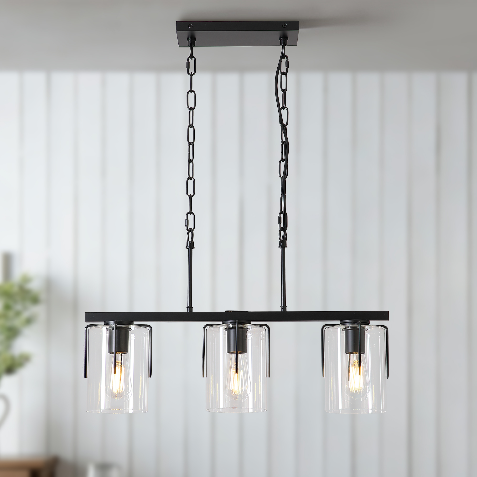 3-Light Matte Black Linear Pendant Light, Industrial Kitchen Island Lighting with Clear Glass Shades, Adjustable Chain Chandelier for Dining Room, Living Room & Entryway