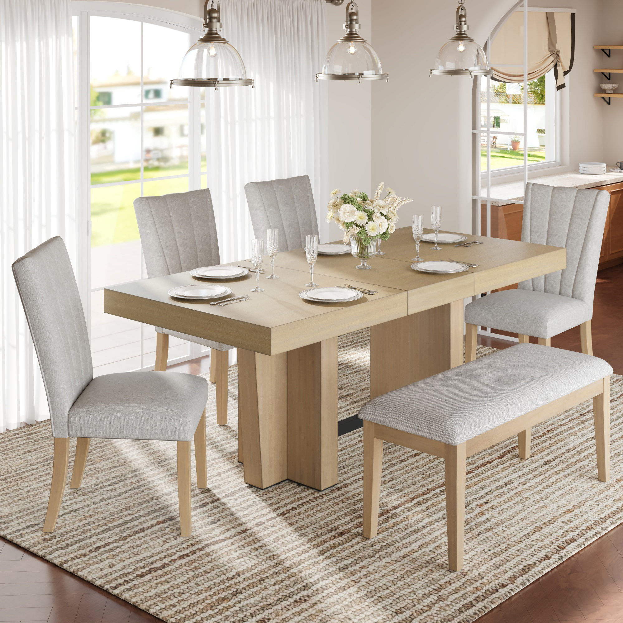TOPMAX Farmhouse 78.1inch Extendable Wood Dining Table Set for 6, Kitchen Table Set with Bench and 4 Upholstered Chairs,3.8inch Thick Tabletop and Trestle Legs for Kitchen, Dining Room, Natural+Beige