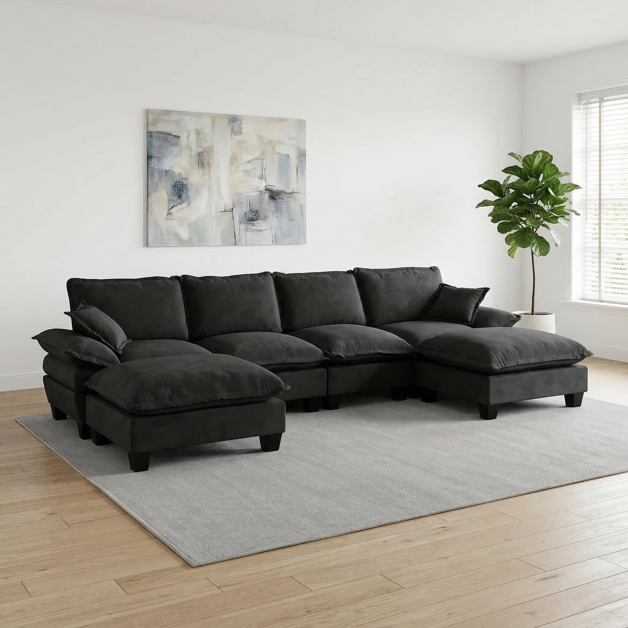Modular Sectional Sofa, U-Shape Cloud Couch with Sailboat Design, 6-Seater Comfy Chenille Fabric Sofa with Movable Ottomans for Living Room Apartment, Black