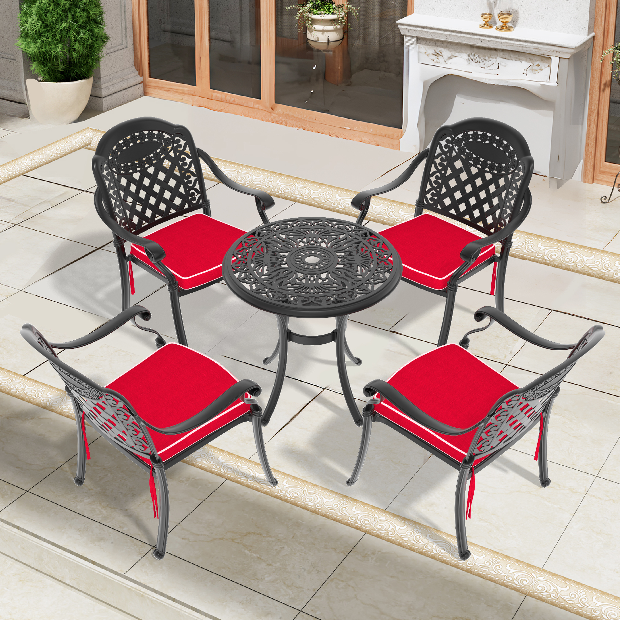 5-Piece Set Of Cast Aluminum Patio Furniture  With Black Frame and Red Seat Cushions(same as W1710S00537)