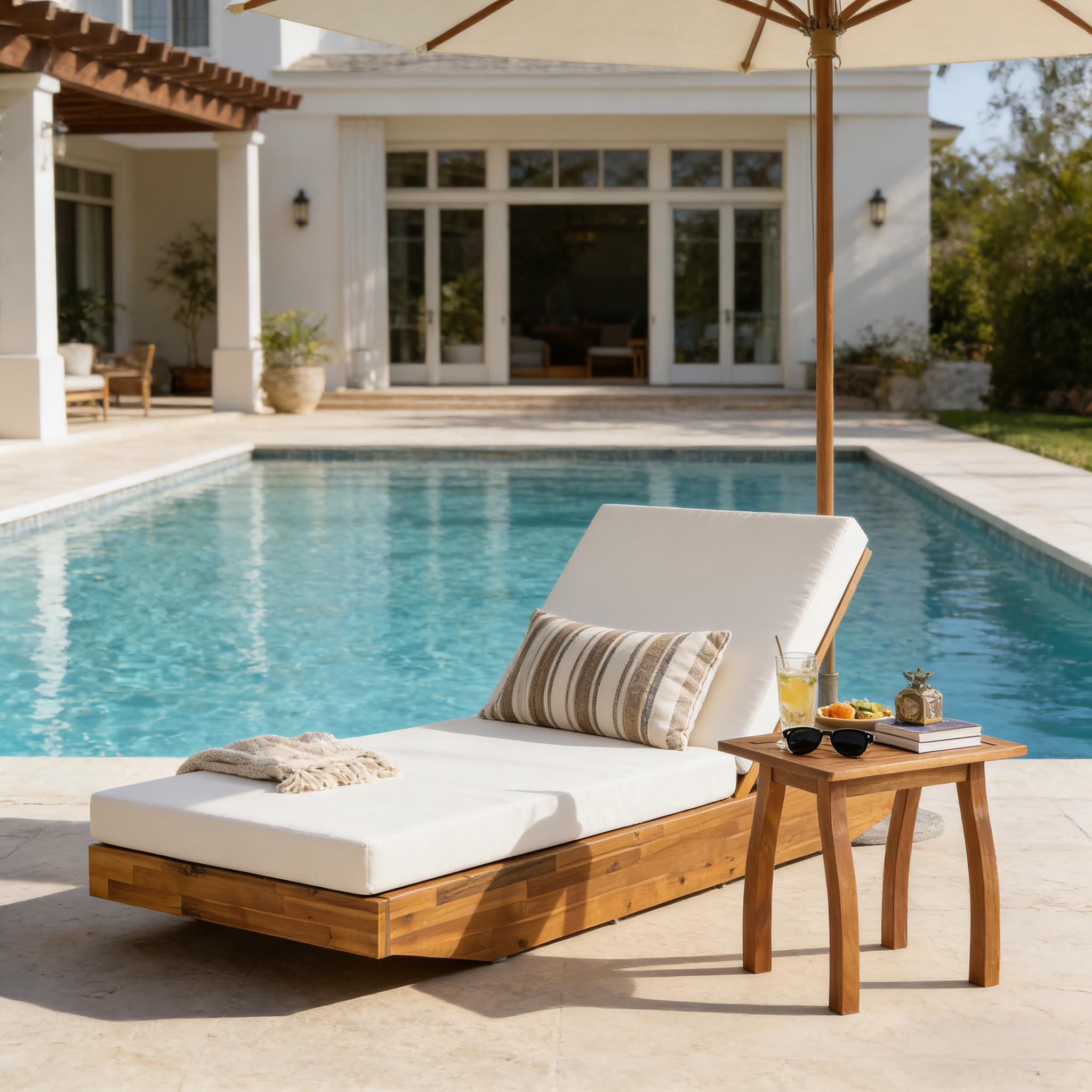 Acacia Wood Chaise Lounge with Cushion – Teak Finish Outdoor Recliner with  Cream Water-Repellent Cushion, 79.6″ L x 29″ W, 300 lbs