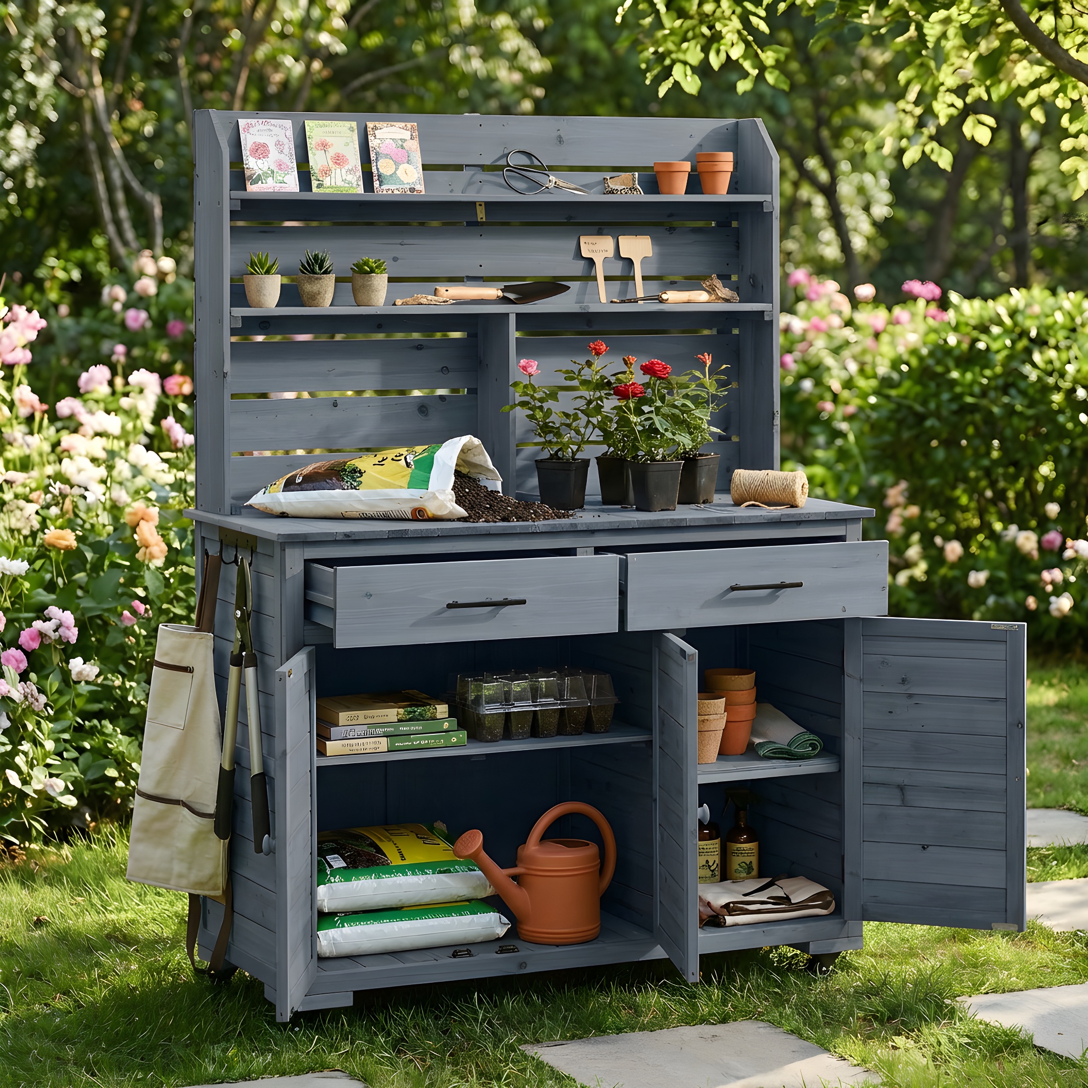 (Assembly Video) TOPMAX 65”H Large Garden Potting Bench with Lockable Wheels and Storage Cabinet, Wood Outdoor Kitchen Island Prep Cart with Hutch Top, Drawers and Removal Shelves for Grilling, Gray