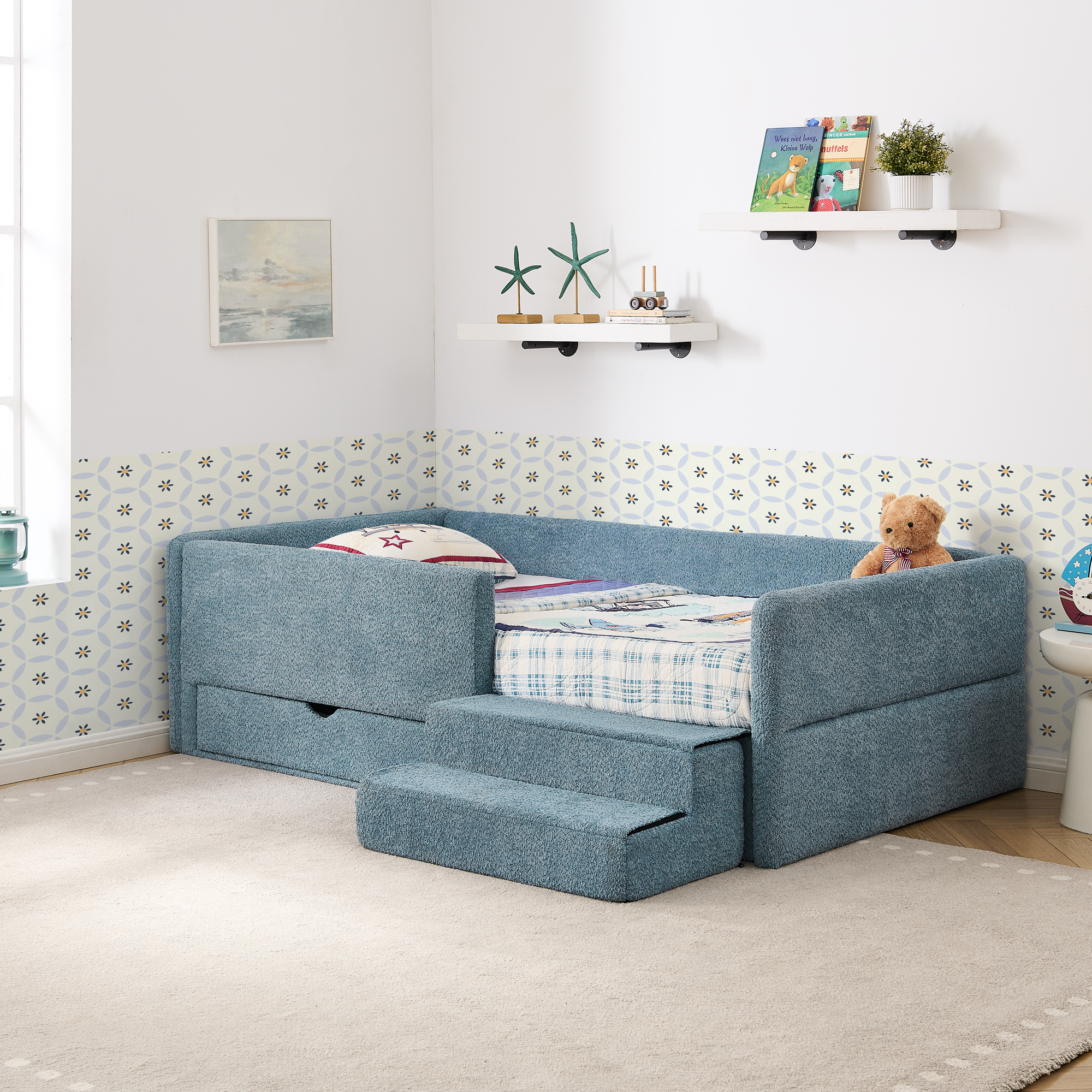 Twin Size Safe Cozy Multi-Functional Kids Bed with Guardrails and Storage, Bed with Safety Step Stool, Boucle Fabric (80.5”x44.5”x23”)
