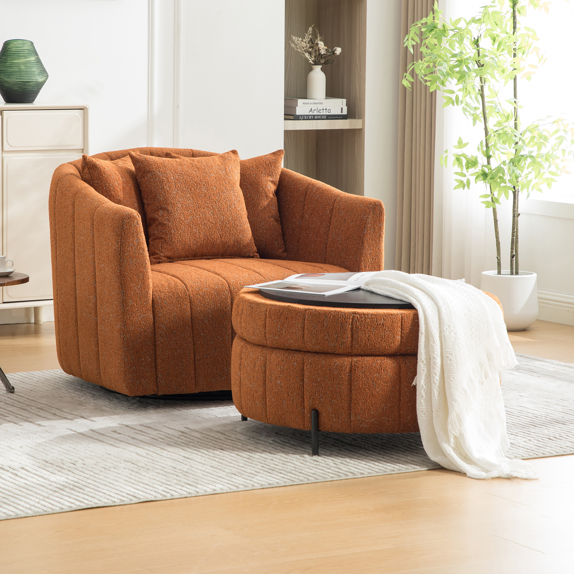 39″W Oversized 360° Swivel Accent Barrel Chair and Half Sofa with Round Ottoman Set, Chenille Channel Tufted Pumpkin Club Armchair 3 Pillows with Storage Stool for Living Room, Bedroom, Lounge, Orange