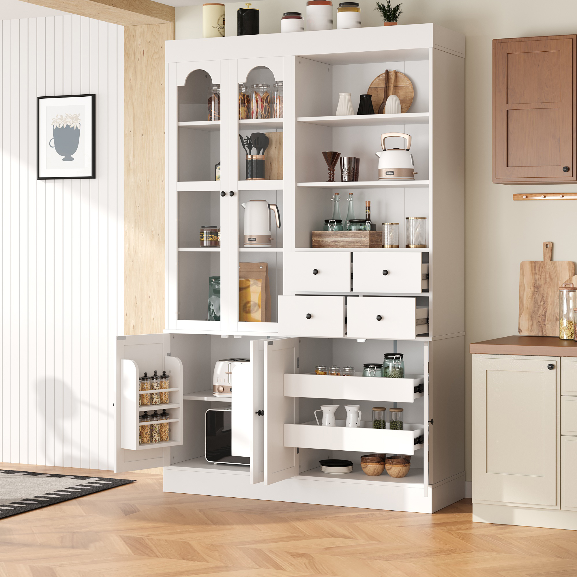 [Assembly Video Provided] TOPMAX 47.2×15.7x75inch Freestanding Buffet with Hutch, Tall Kitchen Pantry Cabinet with 4 Drawers, Door Shelves and Pull-out Trays for Dining room, Living Room, White