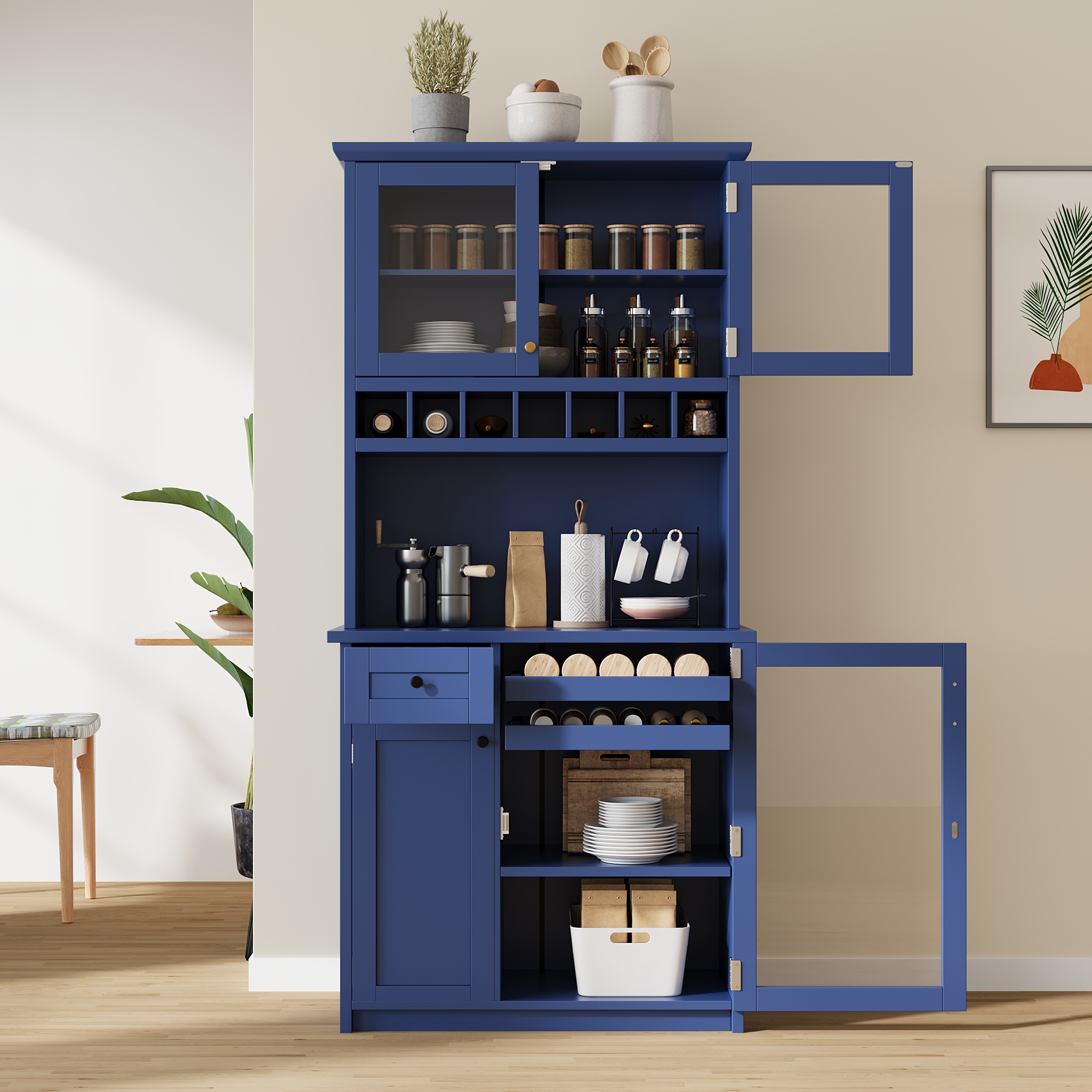 [Assembly Video Provided] TOPMAX Farmhouse 35.4×17.7×74.8inch Freestanding Buffet with Hutch, Tall Kitchen Pantry Storage Cabinet with Wine Rack and Adjustable Shelves for Dining Room, Blue