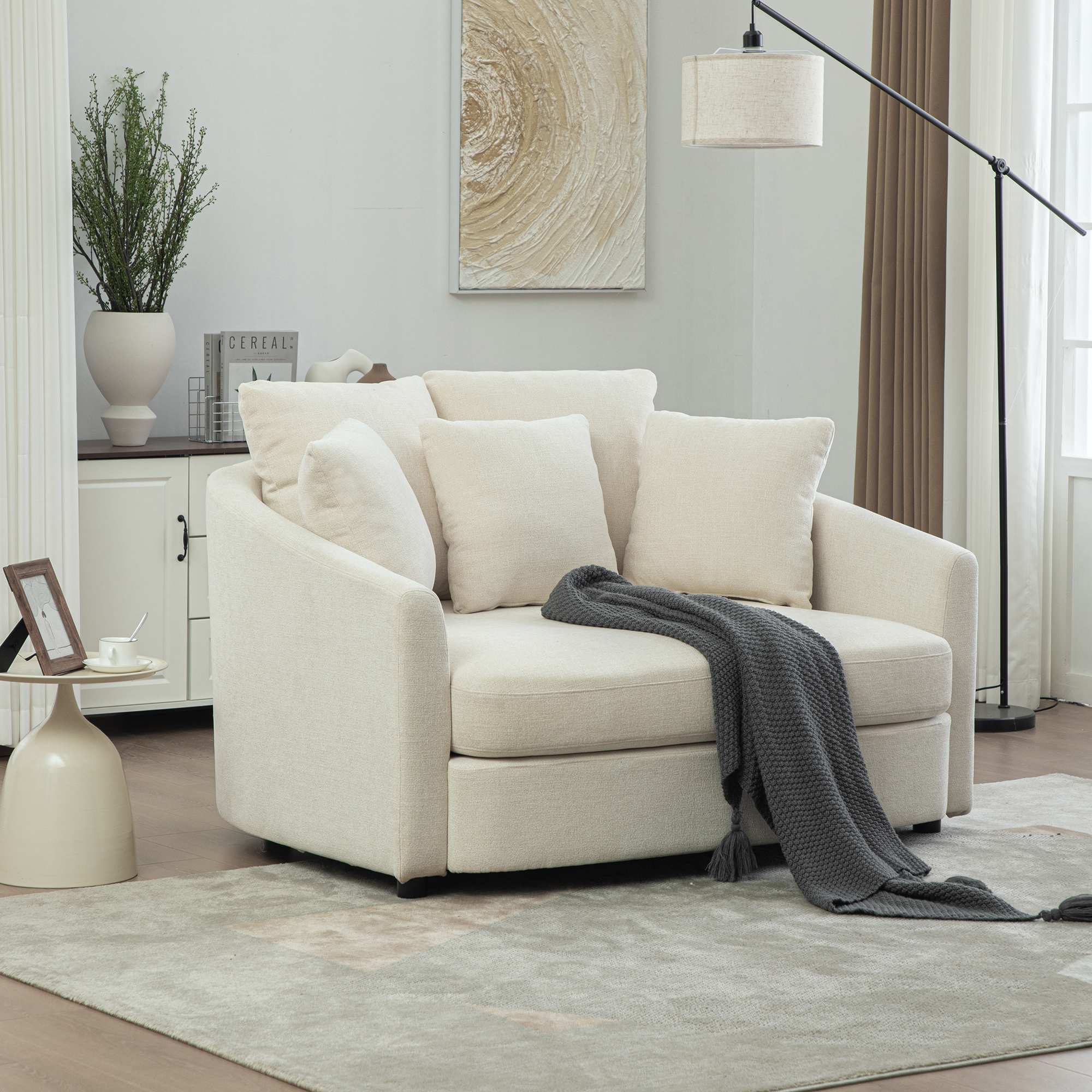 56.3” Wide Upholstered Round Accent Cuddle Chaise with Pillows, Cozy Oversized Slipcovered Barrel Lounger Chair with Deep Seat Reading Armchair for Club, Living Room, Bedroom, Office, Lounge, Beige