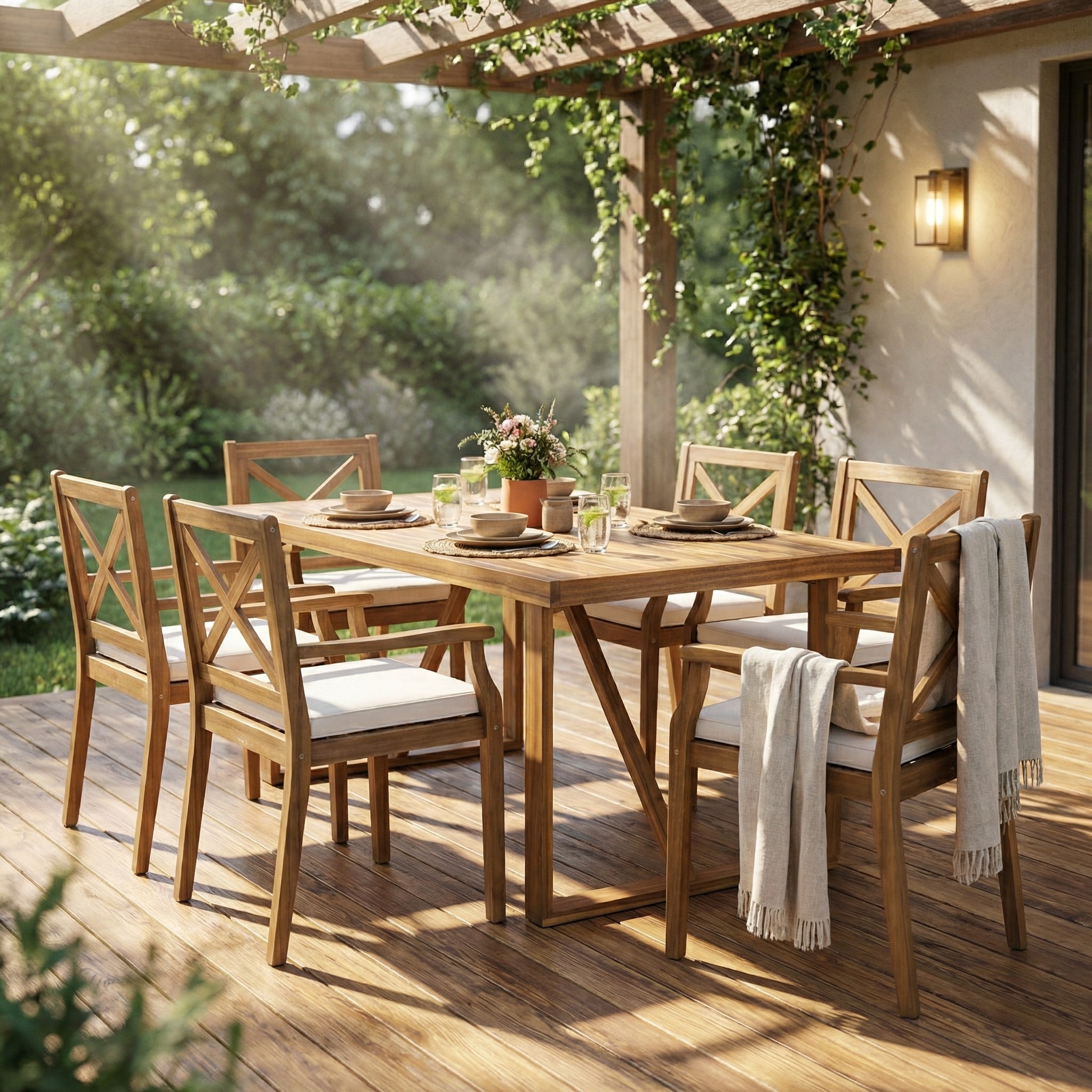 7 Pieces Acacia Wood Outdoor Dining Set with Cream Cushions,Modern 6 Chairs  1 Large Table,Dining Furniture Set for Lawn, Backyard, Garden Deck,Poolside,Teak