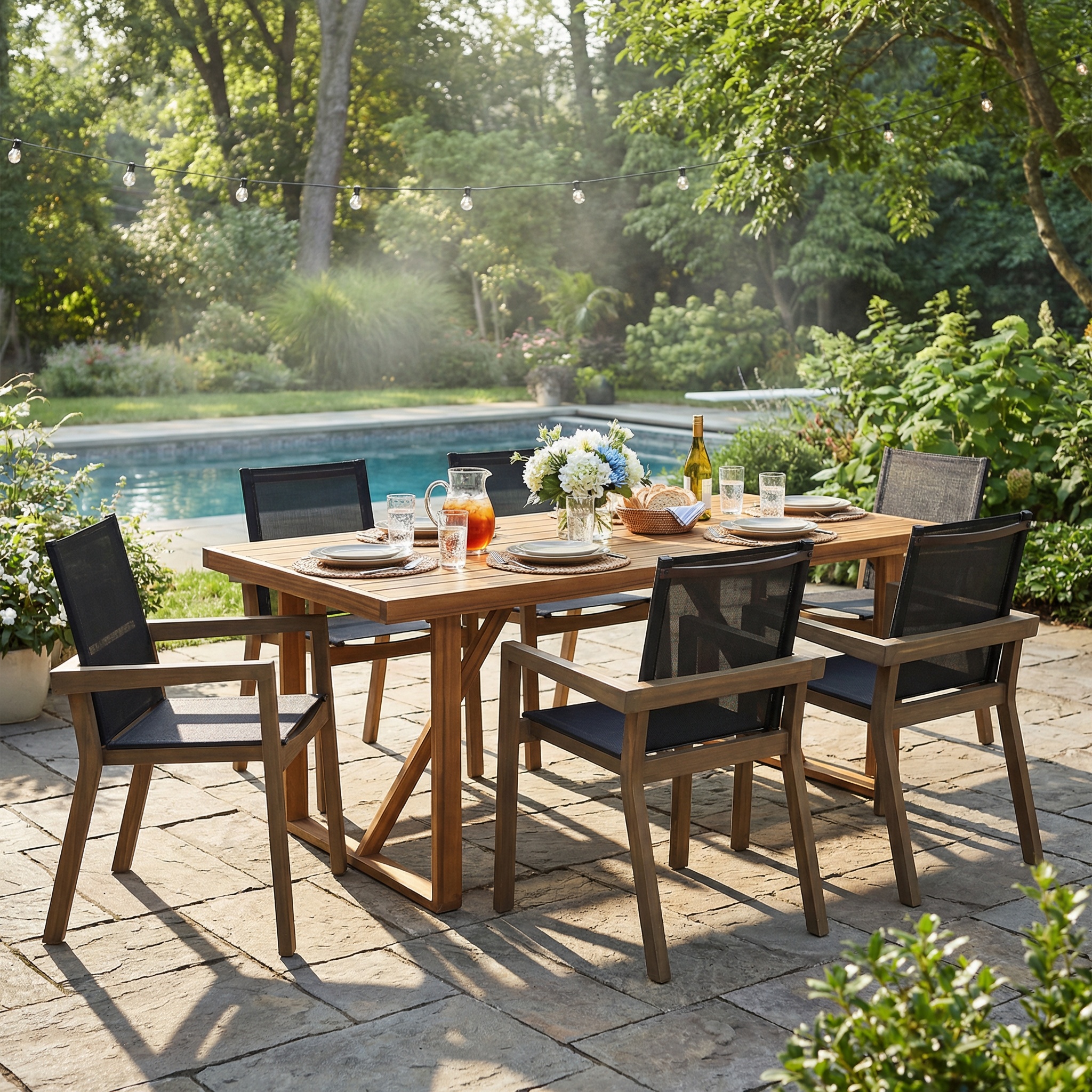 7 Pieces Acacia Wood Outdoor Dining Set s,Modern 6 Chairs 1 Large Table, Dining Furniture Set for Lawn, Backyard, Garden Deck,Poolside,Grey