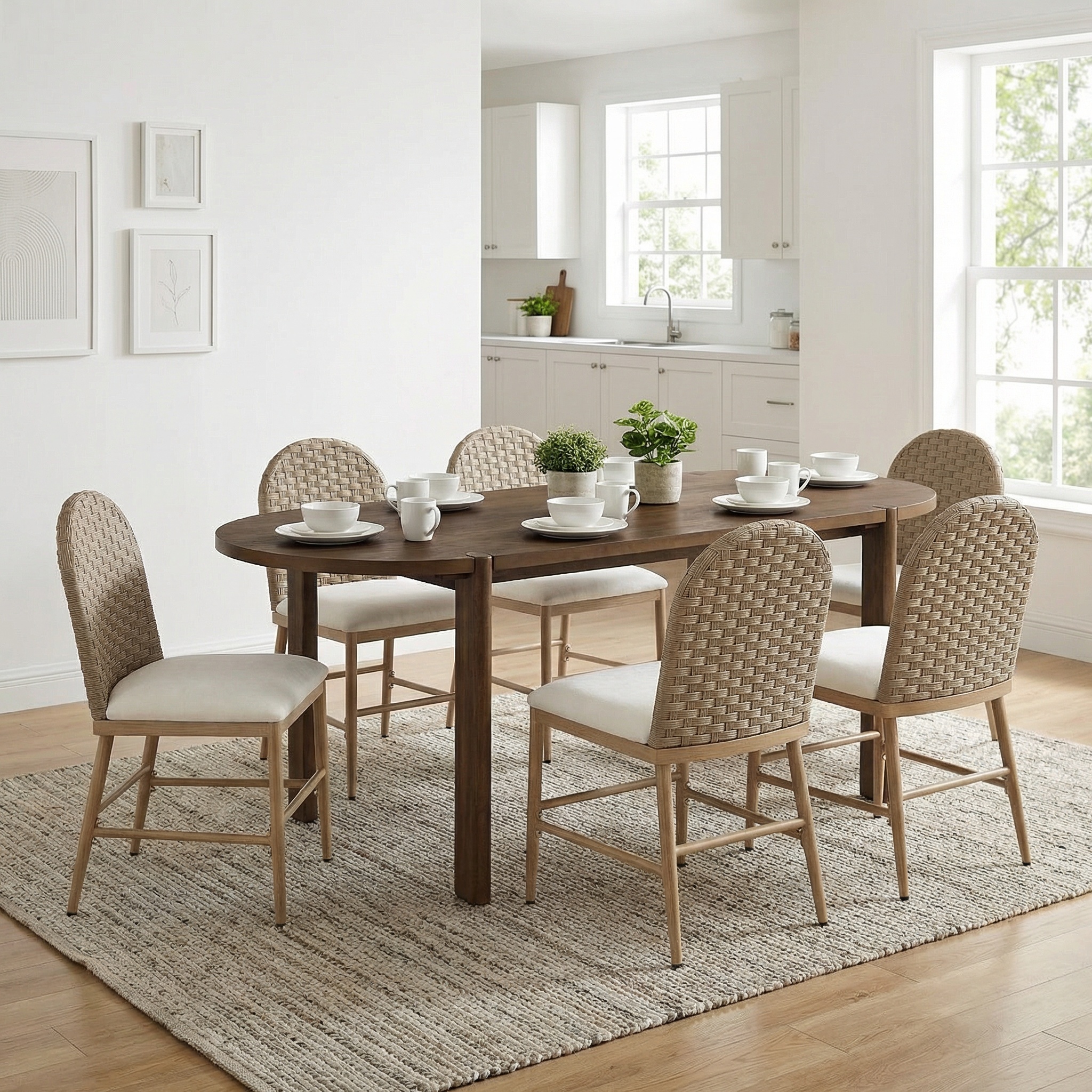 7 Pieces Modern Oval Dining Set, Rustic Farmhouse Solid Wood  Kitchen Table Set for 6, 71” Large Luxury Retro Country Dinner Set with Brown Chairs, for Dining Room, Kitchen, Living Room, Walnut