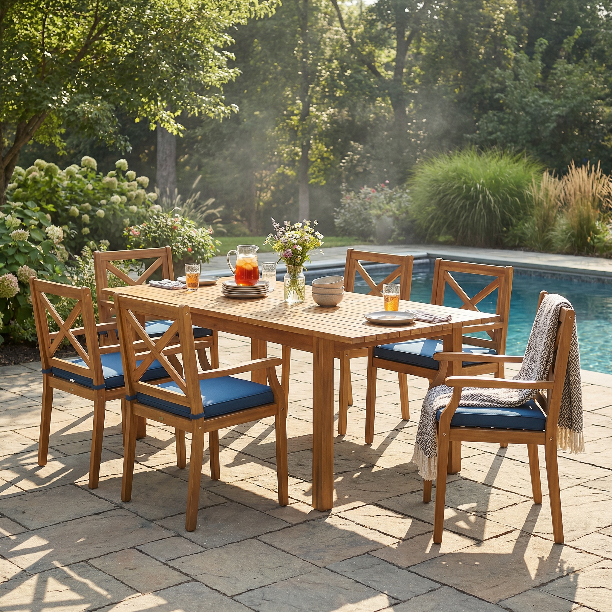 7 Pieces Acacia Wood Outdoor Dining Set with Blue Cushions,Modern 6 Chairs  1 Large Table,Dining Furniture Set for Lawn, Backyard, Garden Deck,Poolside,Teak
