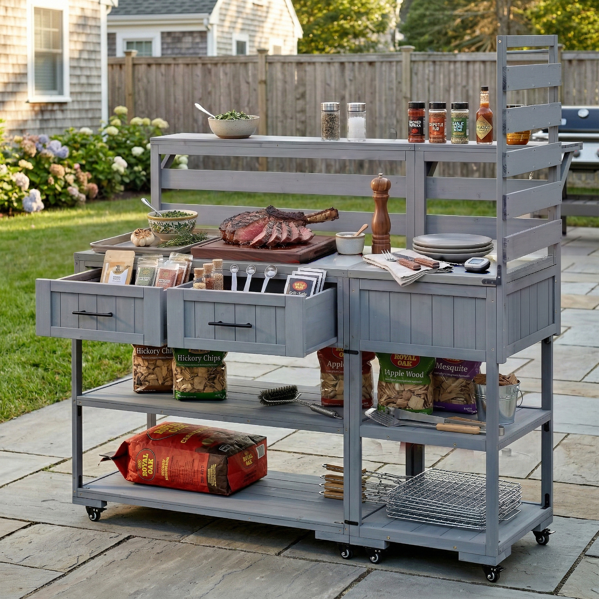 (With Assembly Video) TOPMAX 62.3” Patio Kitchen Island Solid Wood Kitchen Cart with Stainless Table Top, Garden Potting Bench with Raised Shelf and Drawers, Grill Prep Table for BBQ, Party, Gray