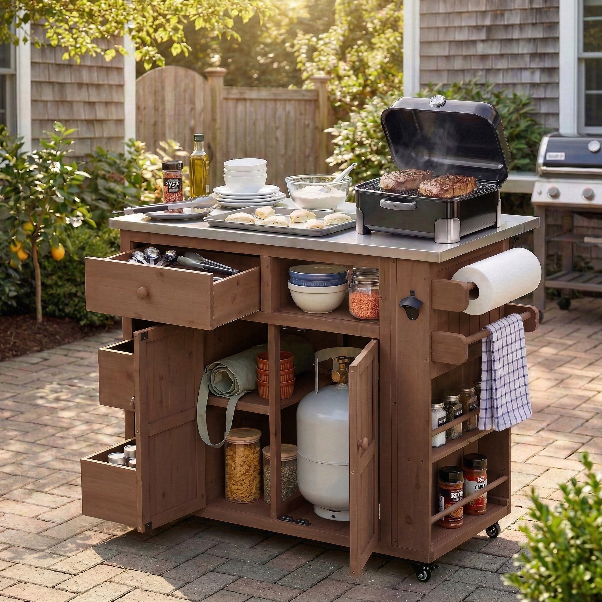 TOPMAX Outdoor Solid Wood Extendable 19.3”/28” Kitchen Island, Stainless Steel Top Grill Table with Side Spice Rack, Kitchen Cart with Drawers, Storage Cabinet for Backyard, BBQ,Party, Brown