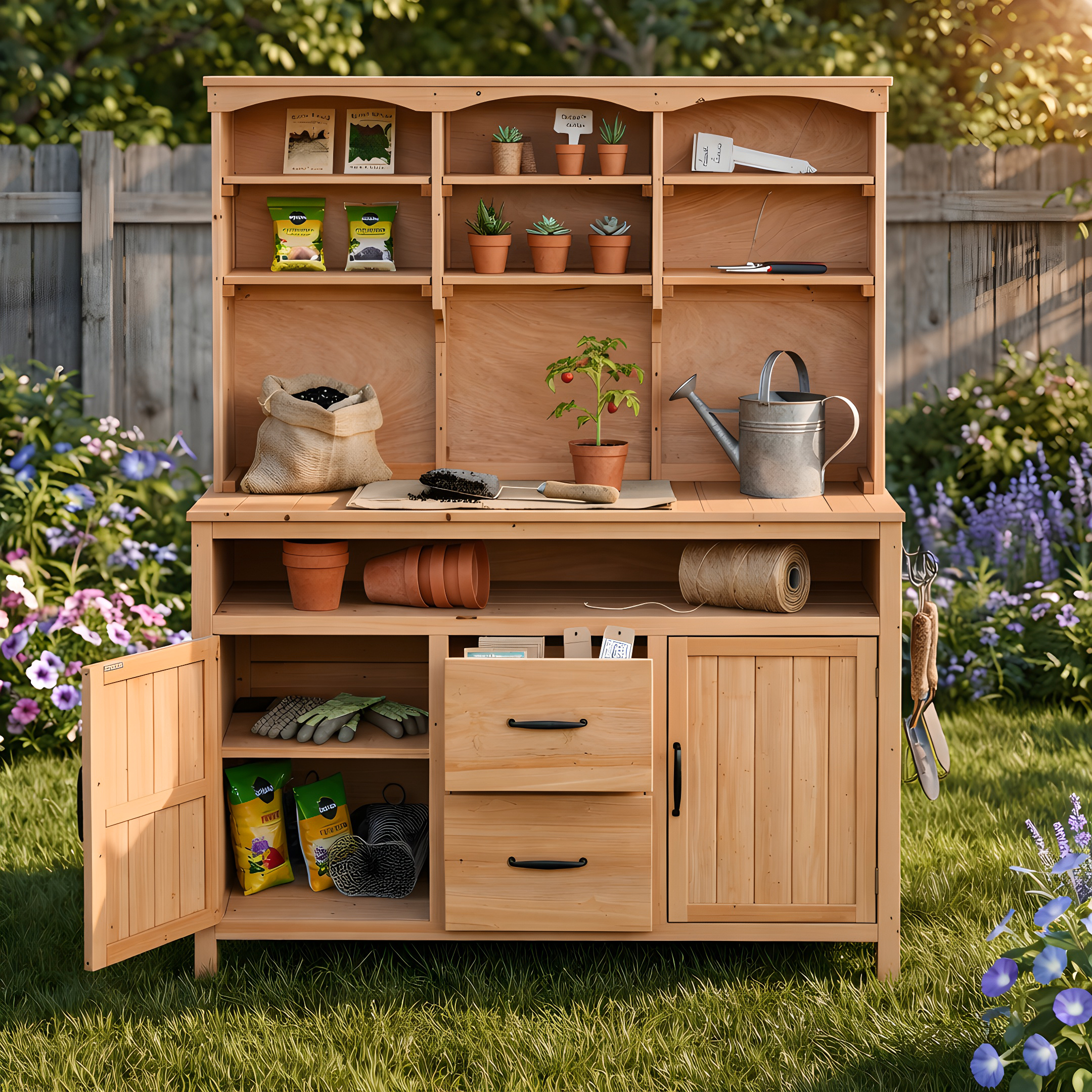 (With Assembly Video)TOPMAX Large Fir Wood Potting Bench,45.3”L Multi-Functional Outdoor Patio Kitchen Island with Hutch, Cabinets,Drawers & Hooks ,Large Countertop for Gardening, Grill, Natural Wood