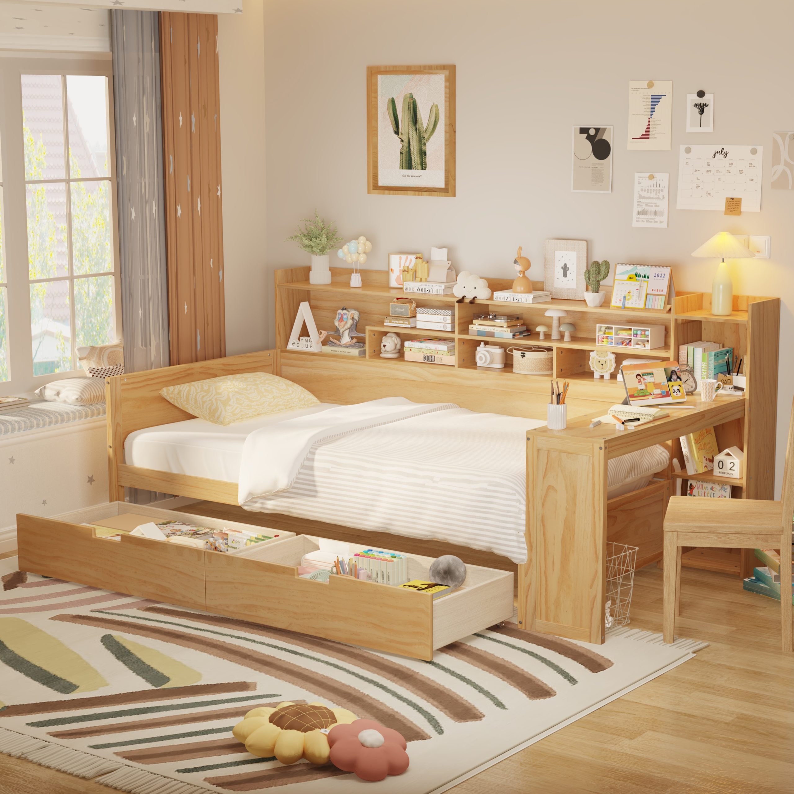 Wooden Twin Size Daybed with Storage Shelves, Multi-functional Bed with 2 Storage Drawers and  Study Desk, Natural (Old SKU: N733S241484M)