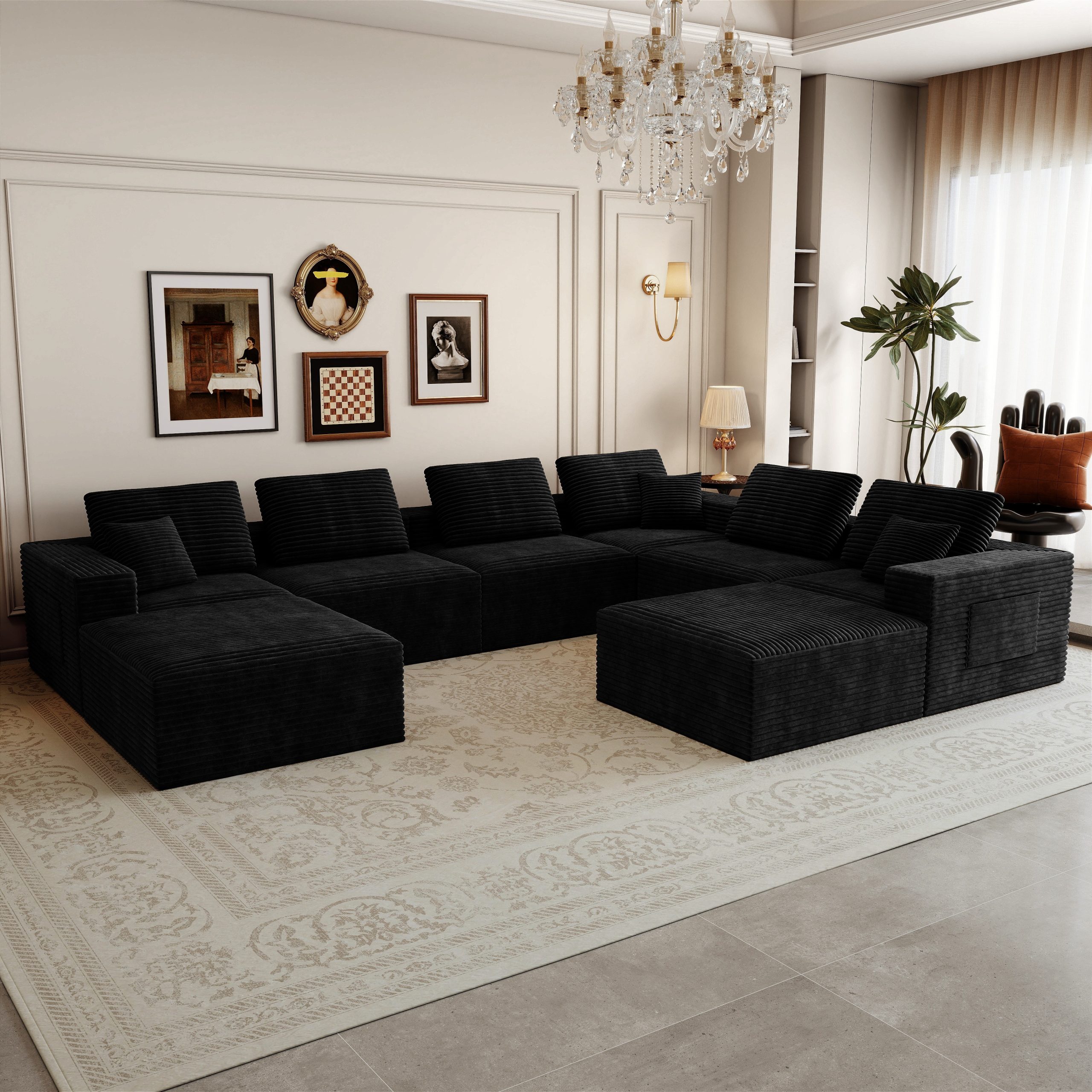 141.73*106.3″Modular sectional sofa seat,Upholstered compressed couch for living room,Bedroom,Apartment,No assembly required,8PC free combination,Plush corduroy fabric,BLACK