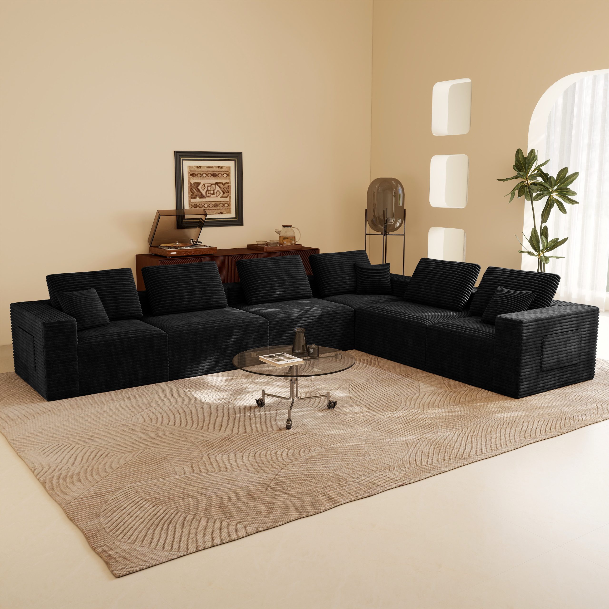 141.73*106.30″Modular sectional sofa seat,Upholstered compressed couch for living room,Bedroom,Apartment,No assembly required,6 PC free combination,Plush corduroy fabric,BLACK