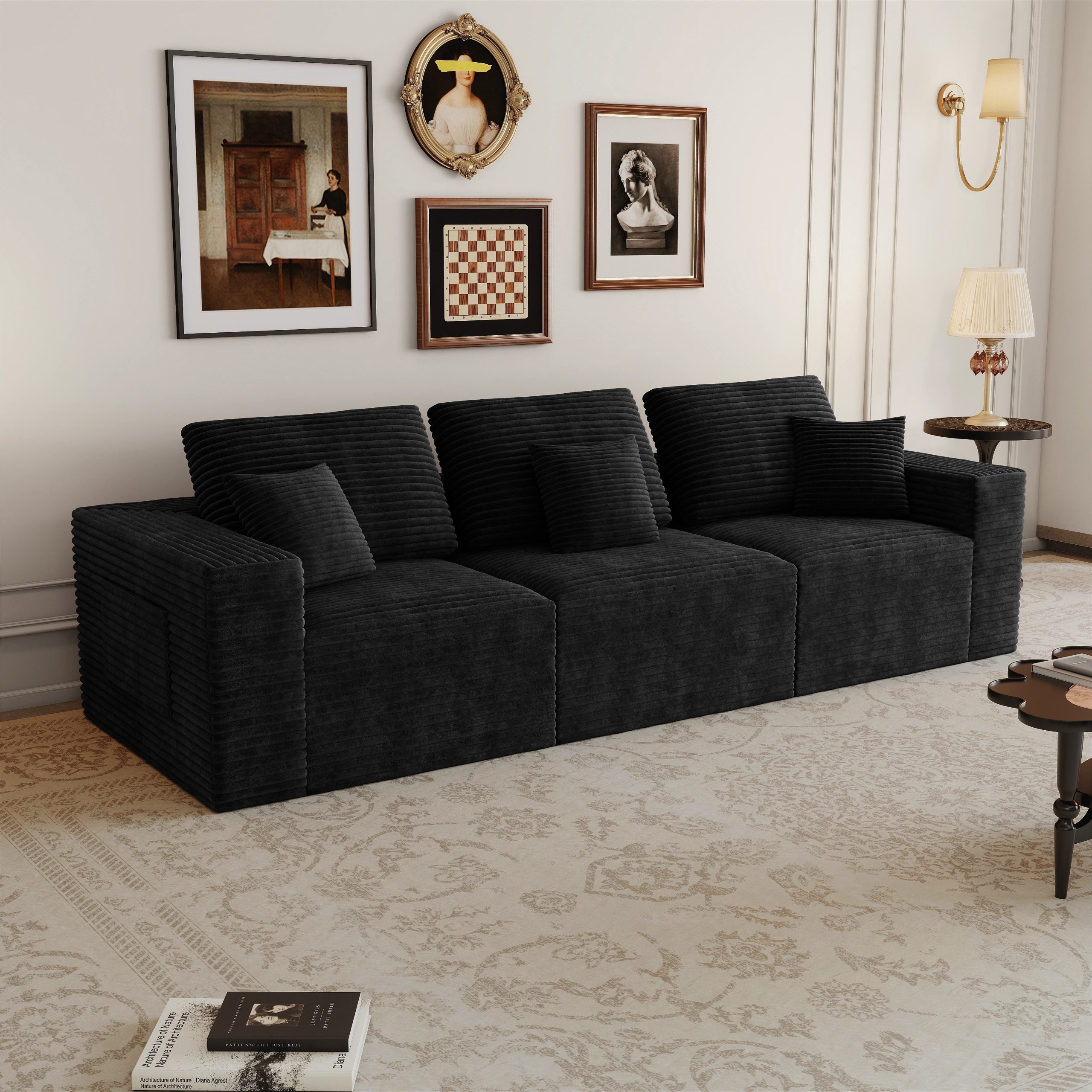 106.30*35.43″Modular sectional sofa seat,Upholstered compressed couch for living room,Bedroom,Apartment,No assembly required,3 PC free combination,Plush corduroy fabric,BLACK