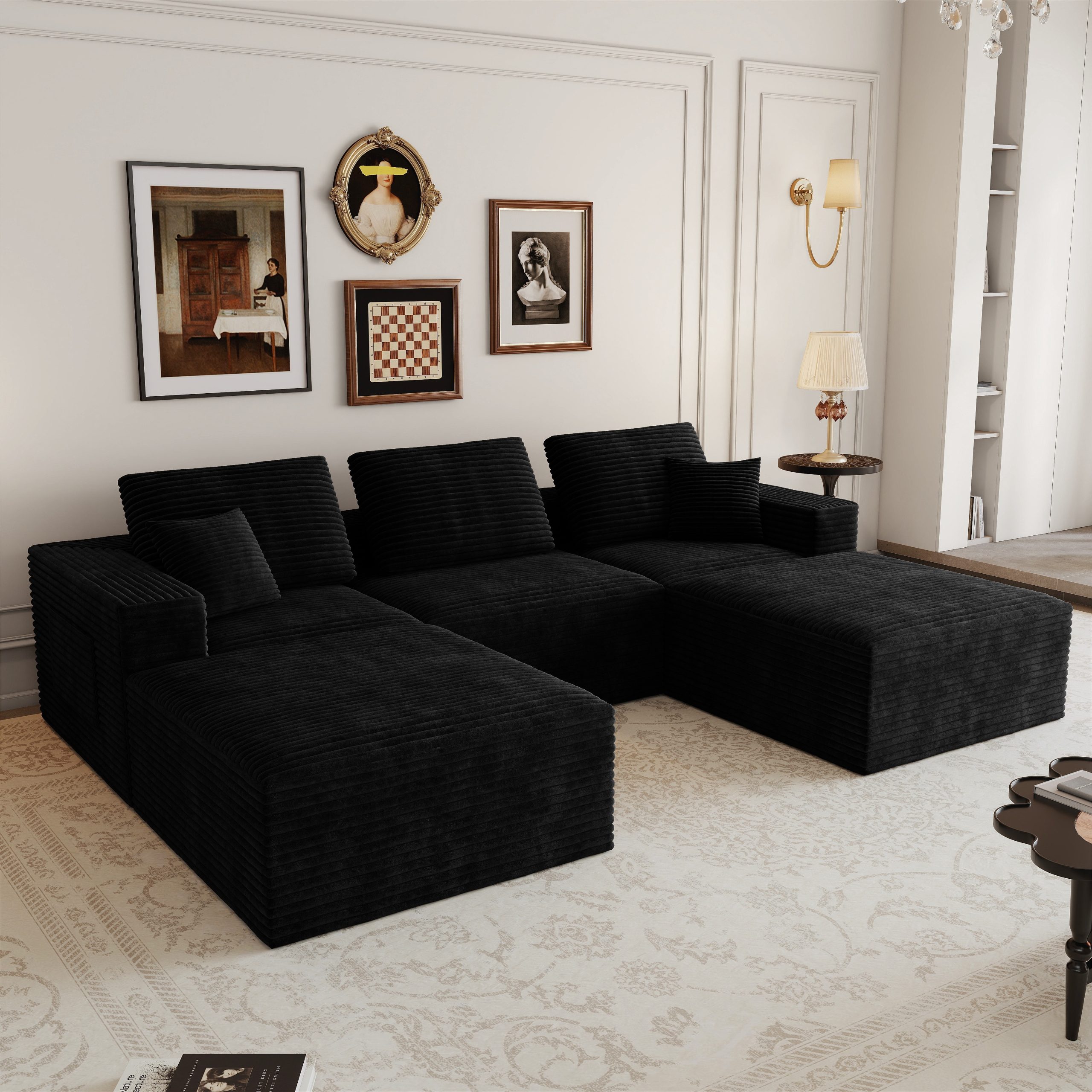 106.30*70.87″Modular sectional sofa seat,Upholstered compressed couch for living room,Bedroom,Apartment,No assembly required,5 PC free combination,Plush corduroy fabric,BLACK