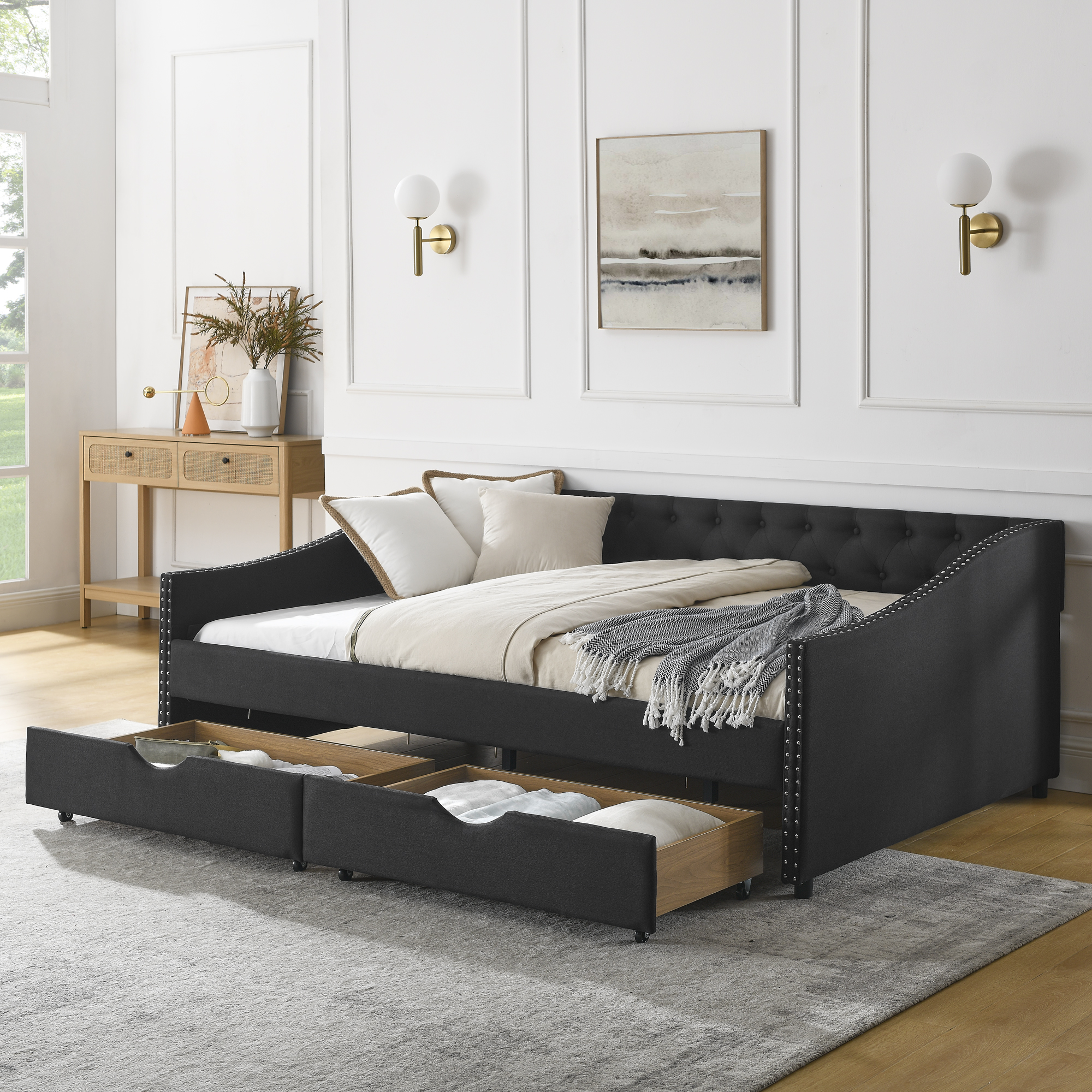Full Size Daybed with Drawers Upholstered Tufted Sofa Bed, with Button on Back and Copper Nail on Waved Shape Arms (80.5”x55.5”x27.5”) (OLD SKU: W1413S00031)