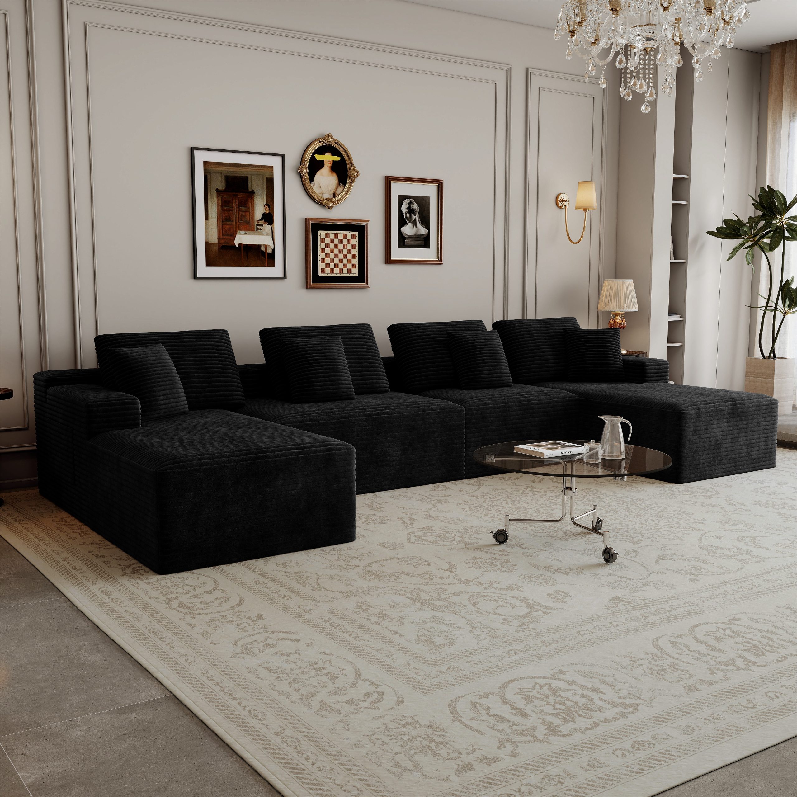 153.5*68.9″Modular sectional sofa seat,Upholstered compressed couch for living room,Bedroom,Apartment,No assembly required,7PC free combination,Plush corduroy fabric,BLACK