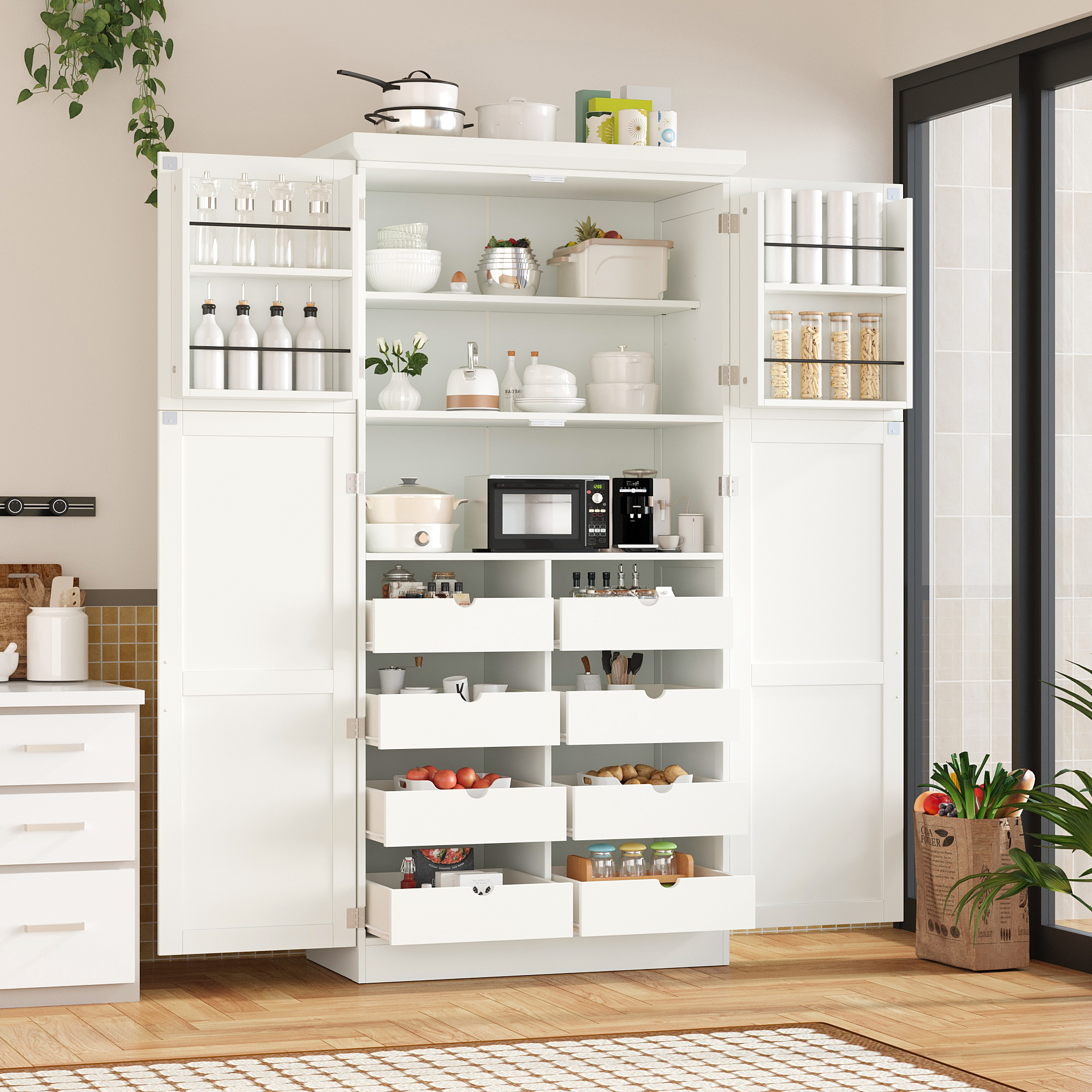 [Assembly Video Provided] TOPMAX 35.5×17.6×70.9inch Freestanding Kitchen Pantry Cabinet, Tall Storage Cabinet with 4 Doors, 2 Door Shelves, 8 Pull-out Trays and Adjustable Shelf for Dining Room, White