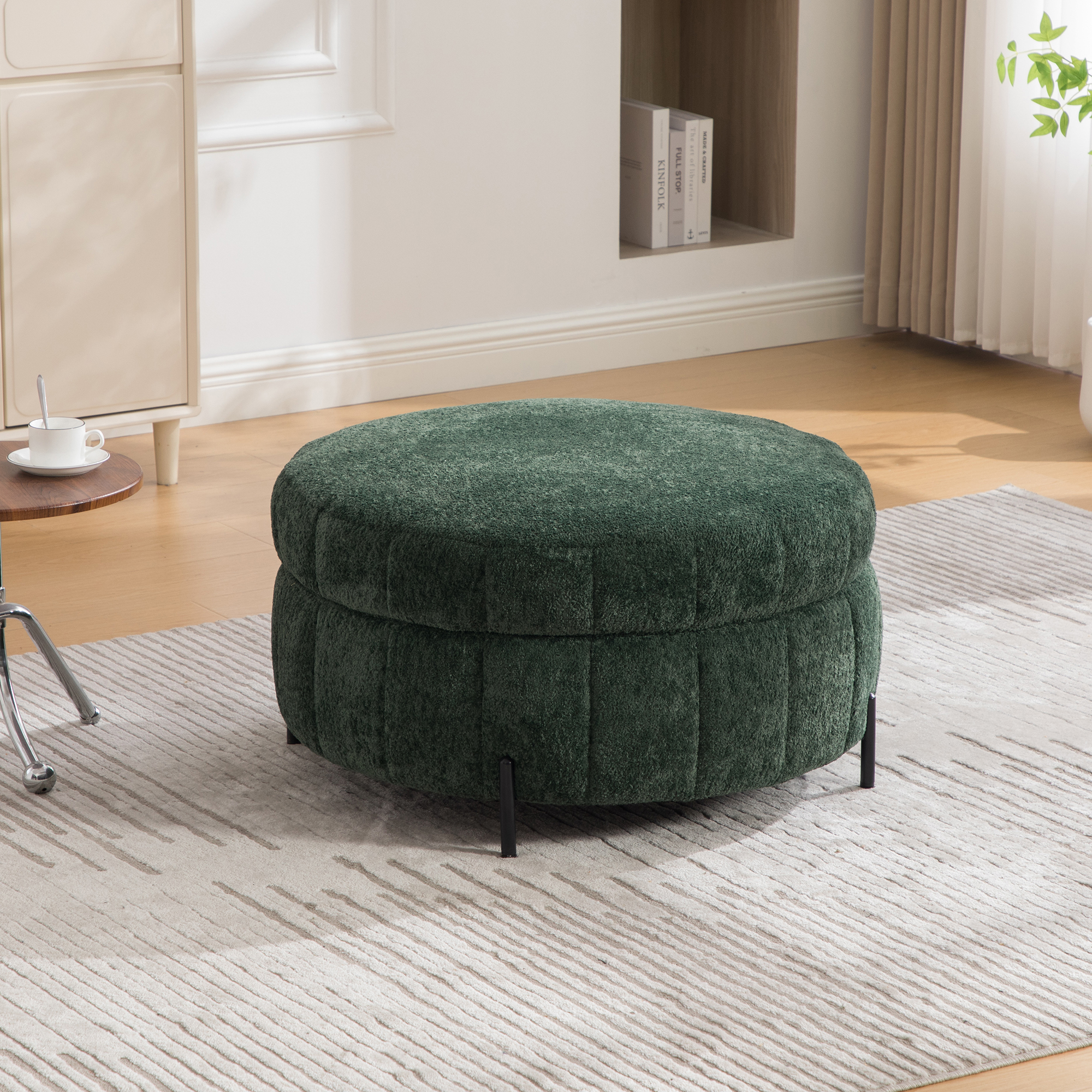 31.3″W Upholstered Round Ottoman With Reversible Lid, Chenille Storage Stool, Channel Tufted Pumpkin-shape Footstool for Living room, Bedroom and Office, Green