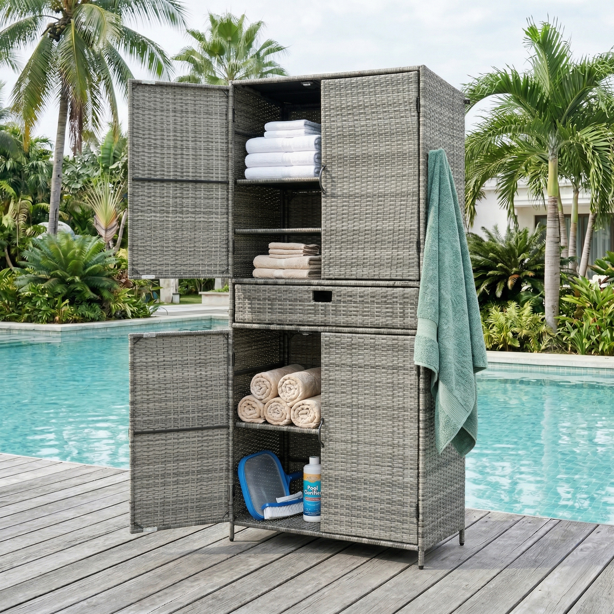 K&K 76.4″ Tall Wicker Outdoor Storage Cabinet with One Large Drawer, 4-Door Outdoor Rattan Vertical Storage Shed with Adjustable Shelves, Pool Storage Organizer for Garden, Backyard, Grey