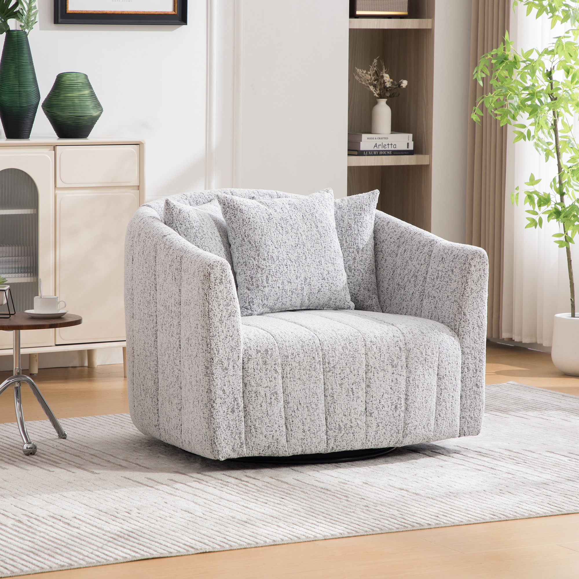39″W Upholstered Oversized 360° Swivel Accent Barrel Chair and Half Cozy Sofa with 3 Pillows, Chenille Channel Tufted Pumpkin-Shape Club Armchair for Living Room, Bedroom, Office, Lounge,White-Black