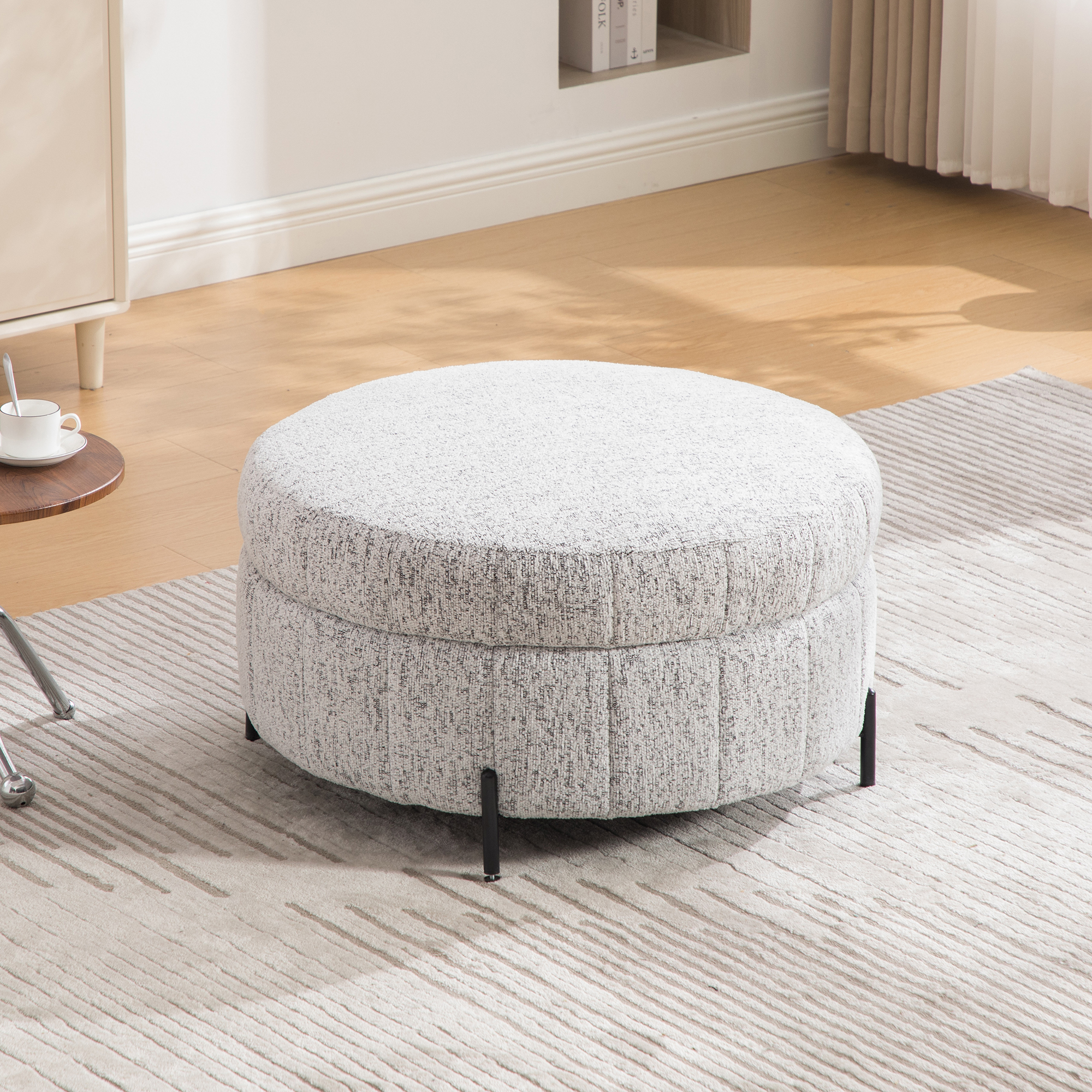 31.3″W Upholstered Round Ottoman With Reversible Lid, Chenille Storage Stool, Channel Tufted Pumpkin-shape Footstool for Living room, Bedroom and Office, White-Black