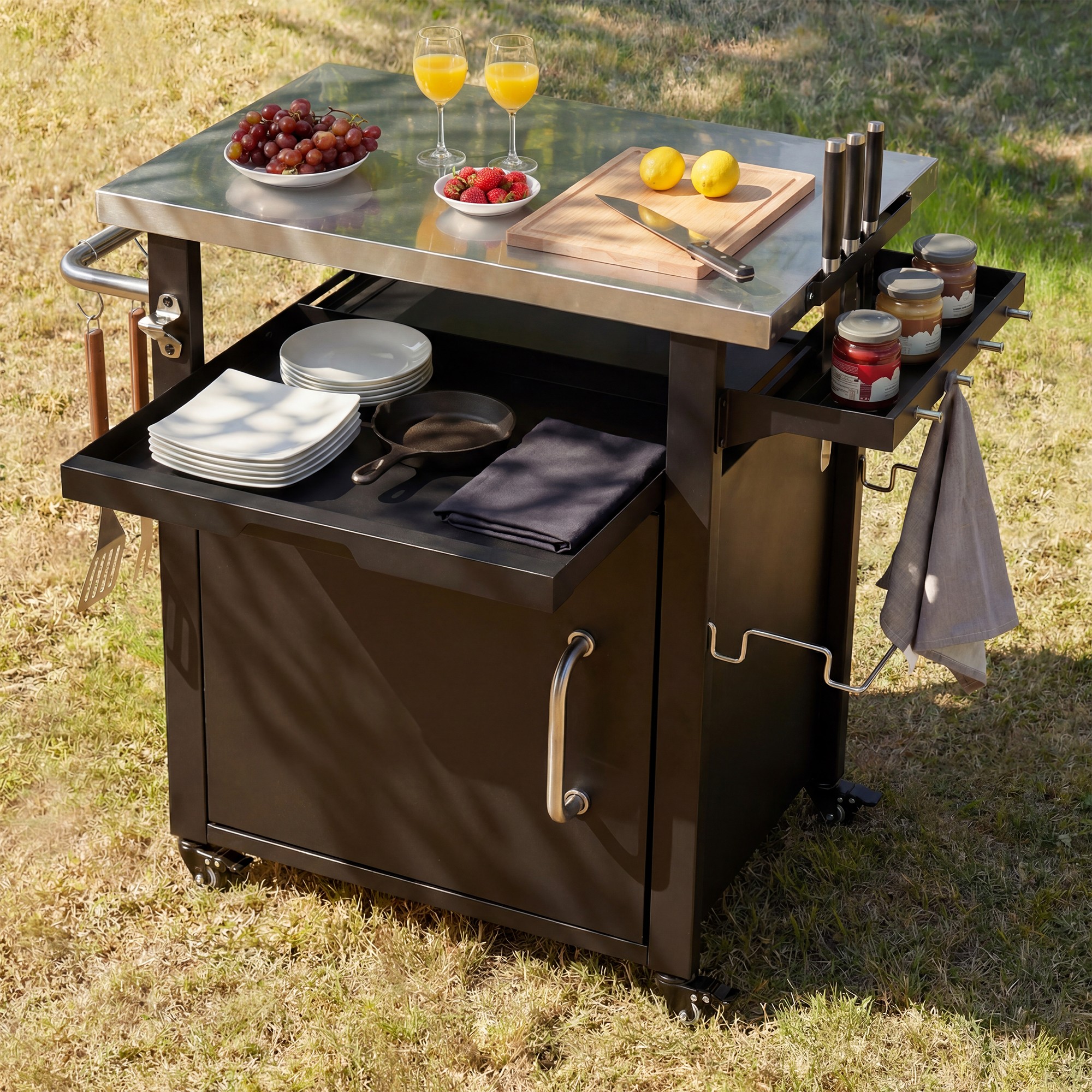 K&K 39.5″ Outdoor Grill Cart with Storage Cabinet, Outdoor Bar Cart Pizza Oven Table with Wheels, Stainless Steel Top, Outdoor Kitchen Island with Spice & Paper Rack for BBQ, Waterproof Cover Included