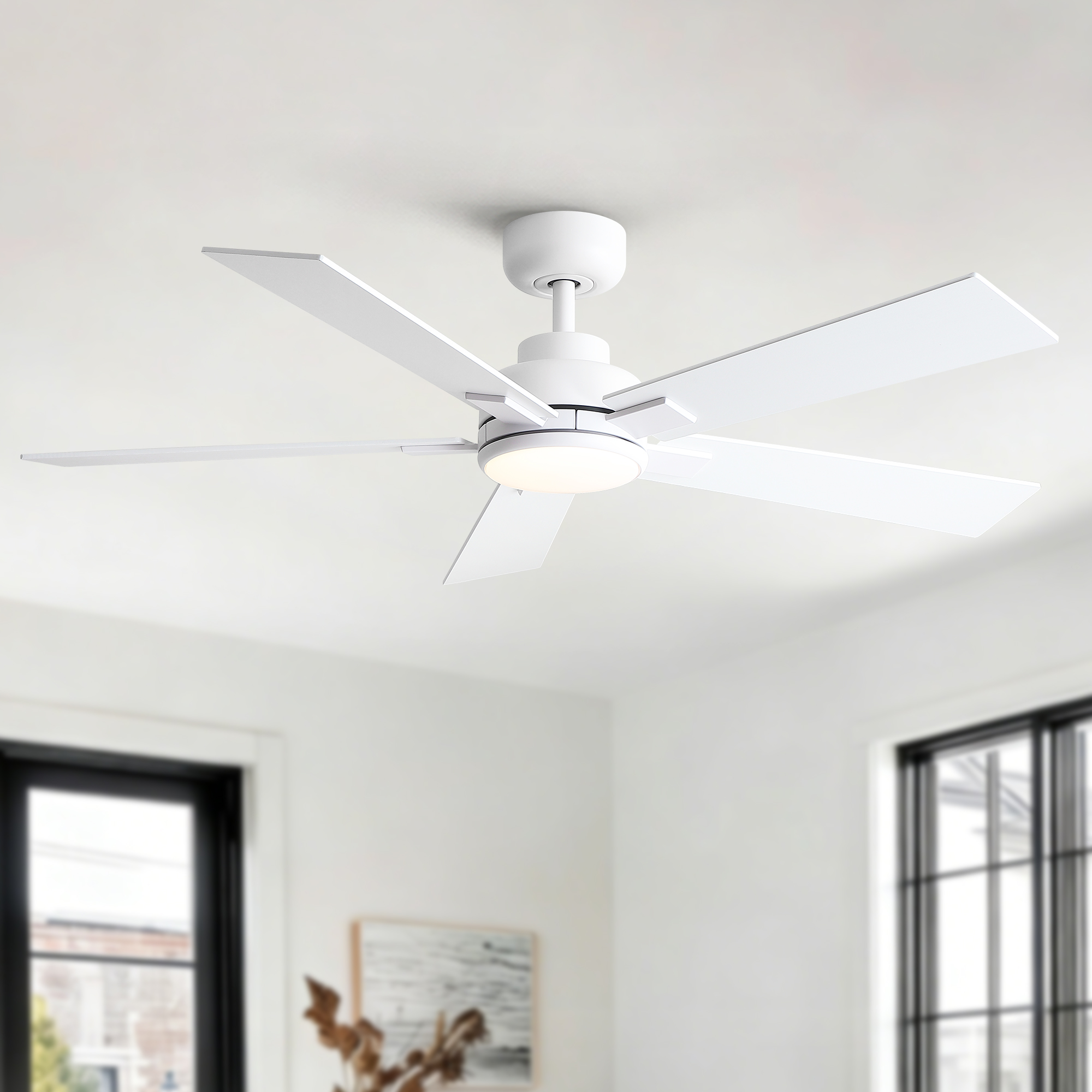 52″ Matte White Modern Reversible Motor Integrated LED Dimmable Ceiling Fan with Light and Remote