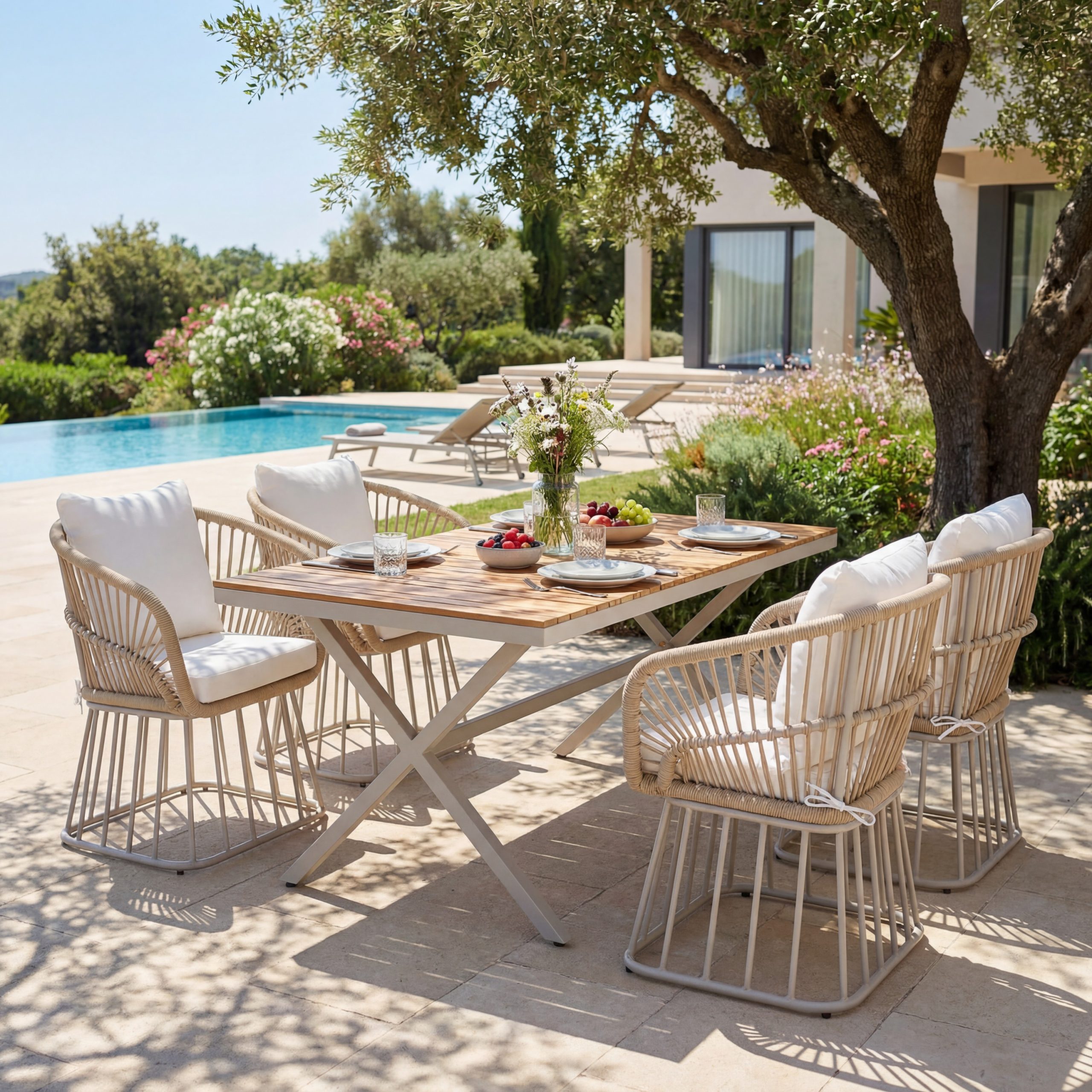Outdoor 5-Piece Dining Set – Rectangular Teak Wood Table + 4 Wicker Chairs with Cushions, Beige Steel Frame, Teak Finish,Perfect for Patio, Deck, or Garden