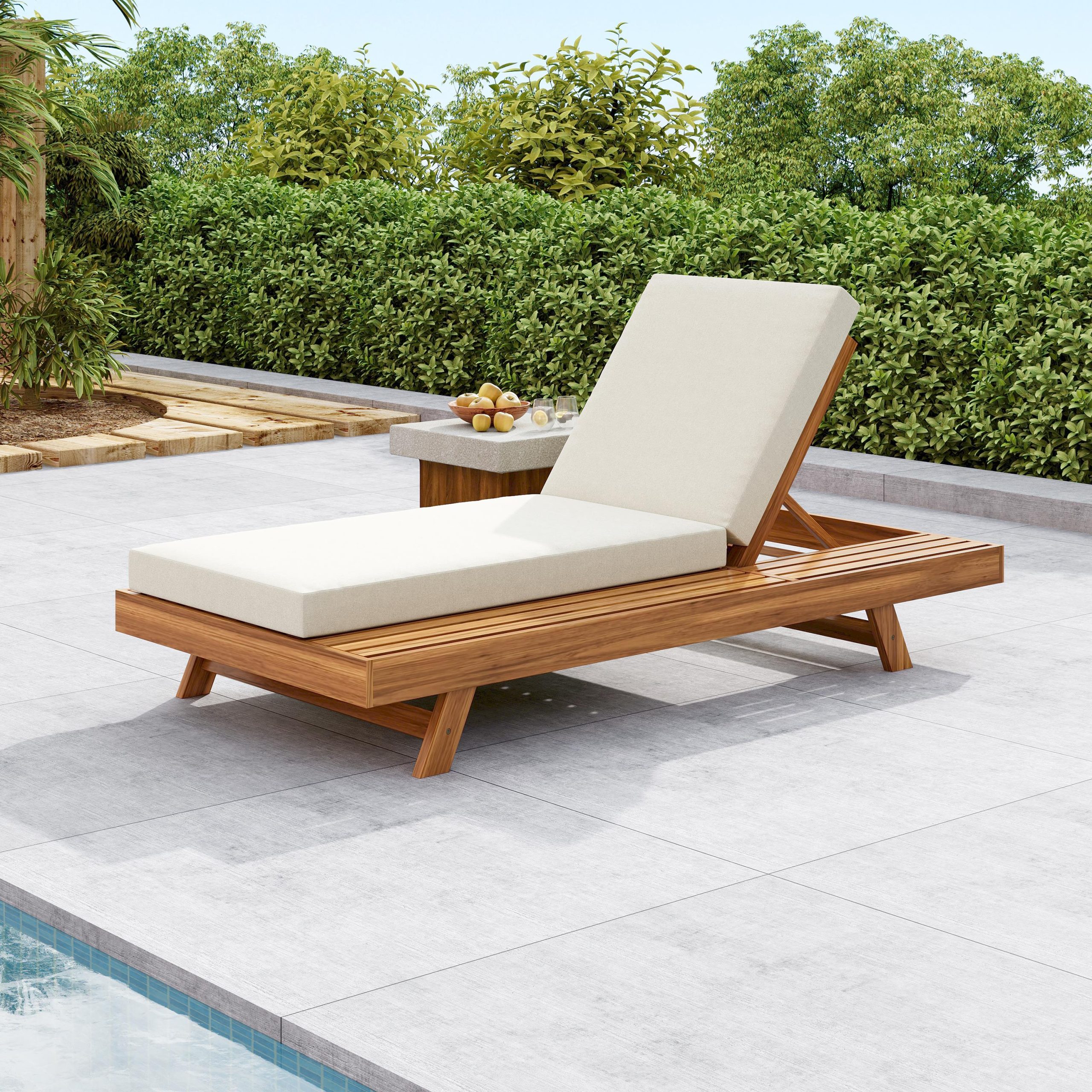 LOUNGE CHAISE SET, SPACE AVAILABLE ON ONE SIDE,ACACIA WOOD WITH WATER-RESISTANT LOUNGE CUSHIONS (CREAM & 4 INCH THICK) – MATCHING DARK GREY VERSION AVAILABLE