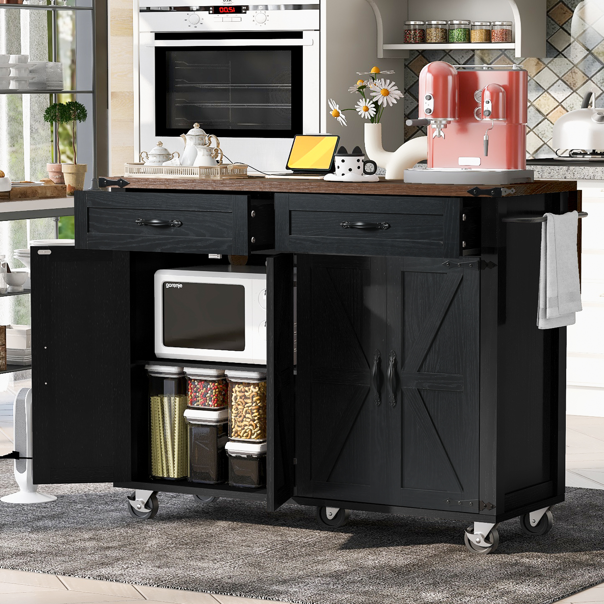 K&K 53.5”Farmhouse Kitchen Island with Power Outlet, Kitchen Storage Island with Drop Leaf, Spice Rack and Drawer, Rolling Kitchen Cart on Wheels, for Home, Kitchen and Dining Room, Black