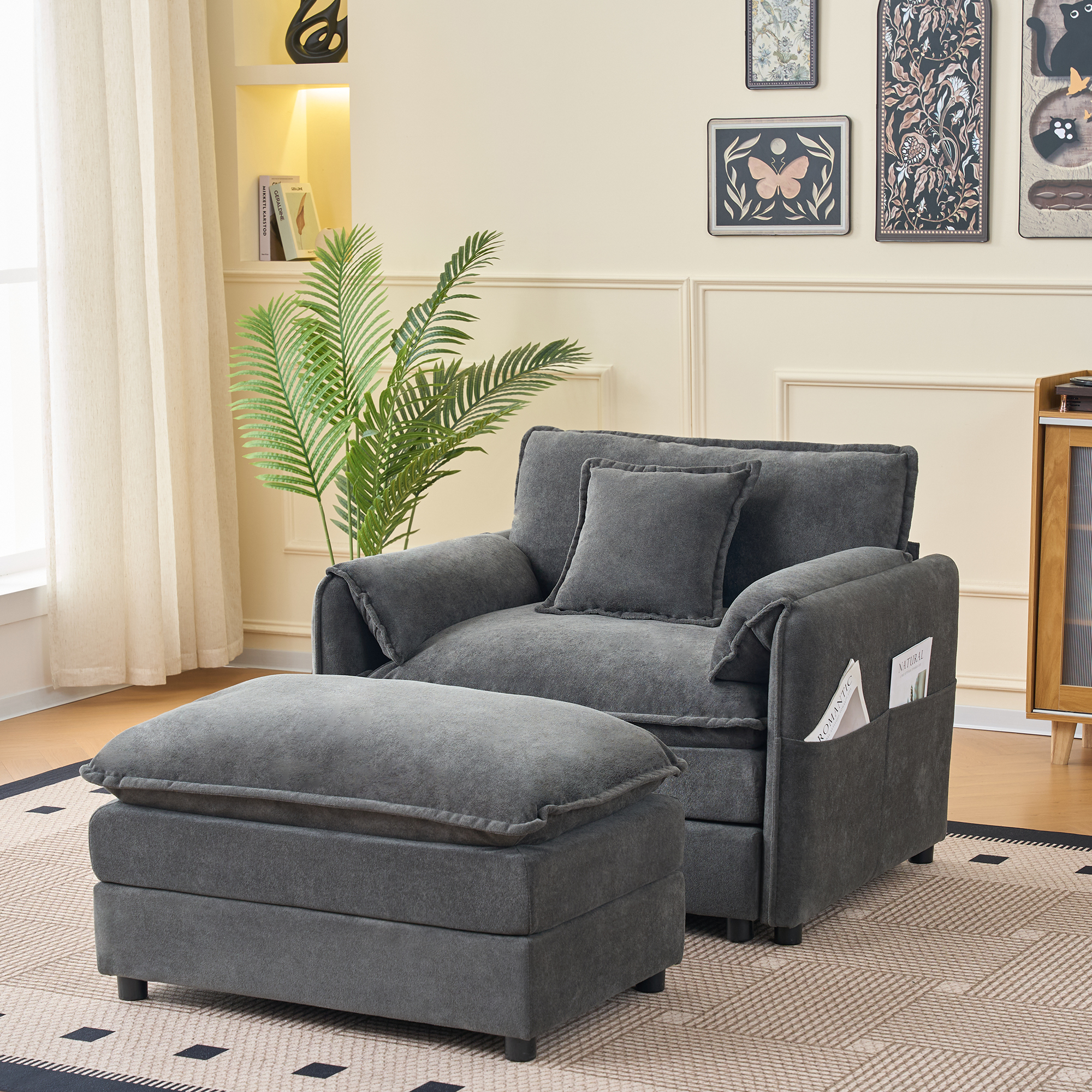 Oversized 57.48″ Recliner Chair with Movable Ottoman – Soft Chenille Upholstered Indoor Lounge Chair for Living Room or Bedroom,DIY Combination,Grey
